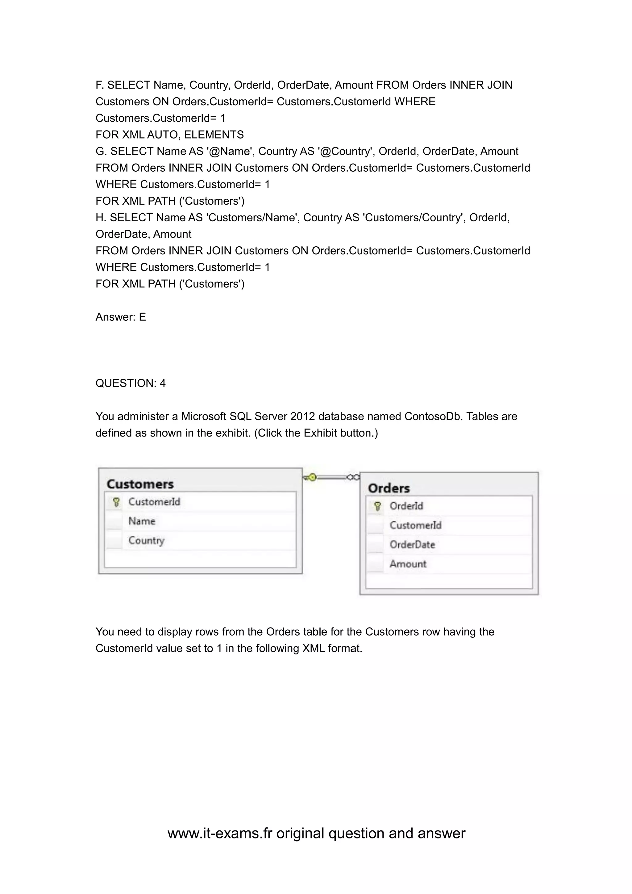 www.it-exams.fr original question and answer
F. SELECT Name, Country, Orderld, OrderDate, Amount FROM Orders INNER JOIN
Customers ON Orders.CustomerId= Customers.CustomerId WHERE
Customers.CustomerId= 1
FOR XML AUTO, ELEMENTS
G. SELECT Name AS '@Name', Country AS '@Country', OrderId, OrderDate, Amount
FROM Orders INNER JOIN Customers ON Orders.CustomerId= Customers.CustomerId
WHERE Customers.CustomerId= 1
FOR XML PATH ('Customers')
H. SELECT Name AS 'Customers/Name', Country AS 'Customers/Country', OrderId,
OrderDate, Amount
FROM Orders INNER JOIN Customers ON Orders.CustomerId= Customers.CustomerId
WHERE Customers.CustomerId= 1
FOR XML PATH ('Customers')
Answer: E
QUESTION: 4
You administer a Microsoft SQL Server 2012 database named ContosoDb. Tables are
defined as shown in the exhibit. (Click the Exhibit button.)
You need to display rows from the Orders table for the Customers row having the
CustomerId value set to 1 in the following XML format.
 