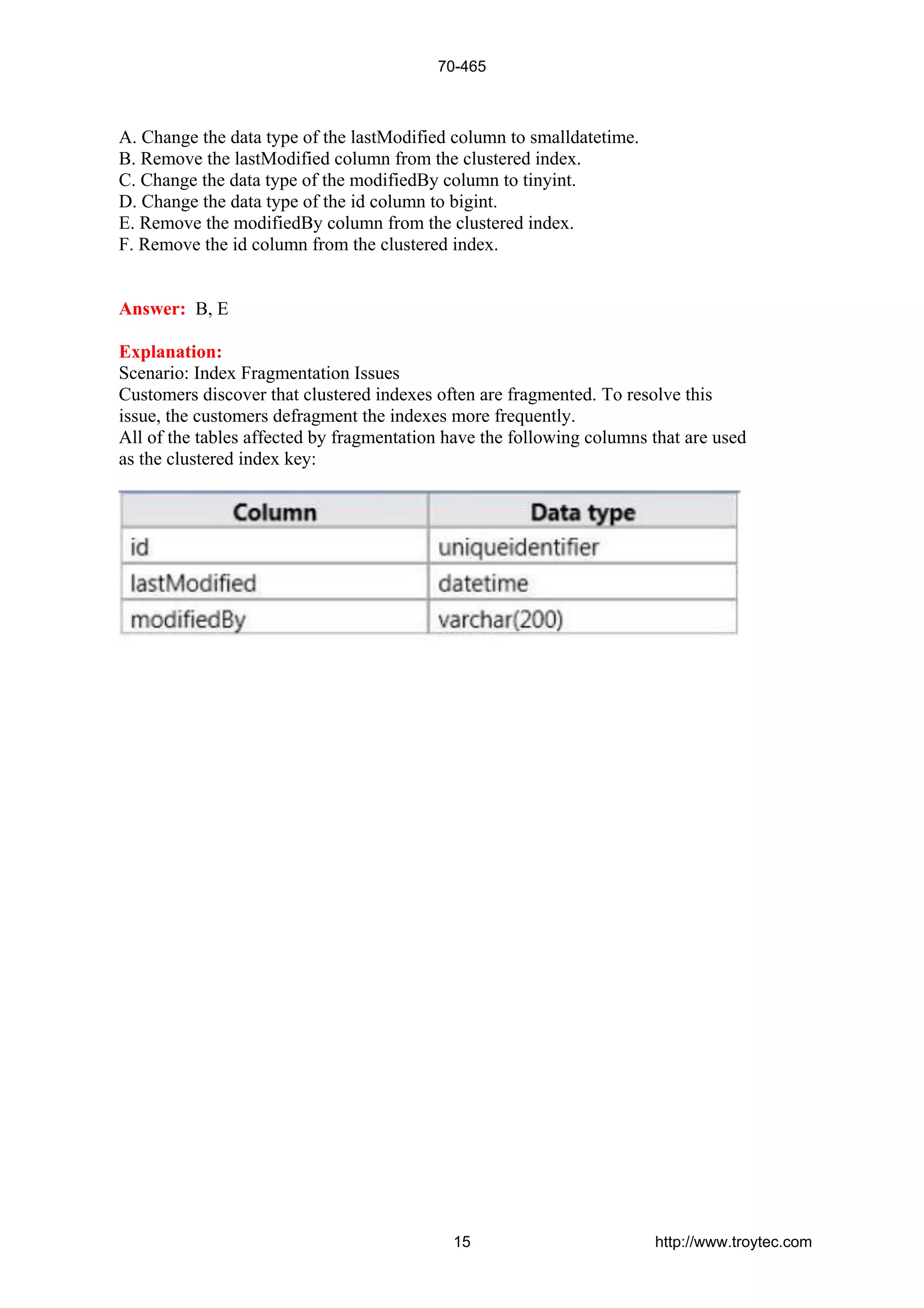 A. Change the data type of the lastModified column to smalldatetime.
B. Remove the lastModified column from the clustered index.
C. Change the data type of the modifiedBy column to tinyint.
D. Change the data type of the id column to bigint.
E. Remove the modifiedBy column from the clustered index.
F. Remove the id column from the clustered index.
Answer: B, E
Explanation:
Scenario: Index Fragmentation Issues
Customers discover that clustered indexes often are fragmented. To resolve this
issue, the customers defragment the indexes more frequently.
All of the tables affected by fragmentation have the following columns that are used
as the clustered index key:
70-465
15 http://www.troytec.com
 