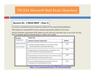 70-534 Microsoft Real Exam Questions
Question No : 2 DRAG DROP - (Topic 3)
You need to recommend network connectivity solutions for the experimental applications.
What should you recommend? To answer, drag the appropriate solution to the correct
network connection requirements. Each solution may be used once, more than once, or not at all. You may
need to drag the split bar between panes or scroll to view content.
 http://www.ipass4sures.com/70-534-exam.html
 