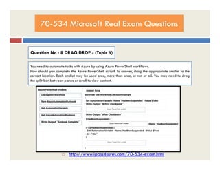 70-534 Microsoft Real Exam Questions
Question No : 8 DRAG DROP - (Topic 6)
You need to automate tasks with Azure by using Azure PowerShell workflows.
How should you complete the Azure PowerShell script? To answer, drag the appropriate cmdlet to the
correct location. Each cmdlet may be used once, more than once, or not at all. You may need to drag
the split bar between panes or scroll to view content.
 http://www.ipass4sures.com/70-534-exam.html
 