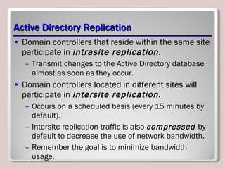 Active Directory Replication Domain controllers that reside within the same site participate in  intrasite replication .  Transmit changes to the Active Directory database almost as soon as they occur. Domain controllers located in different sites will participate in  intersite replication .  Occurs on a scheduled basis (every 15 minutes by default).  Intersite replication traffic is also  compressed  by default to decrease the use of network bandwidth. Remember the goal is to minimize bandwidth usage. 