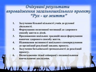 1. Залучення більшої кількості учнів до рухової
діяльності.
2. Формування позитивної мотивації до здорового
способу життя в дітей.
3. Продовження шкільних традицій щодо формування
навичок здорового способу життя.
4. Підвищення активності шкільного самоврядування
до організації реалізації завдань проекту.
5. Залучення батьківської громадськості до реалізації
проекту.
6. Налагодження тісної співпраці з позашкільними
навчальними закладами.
 