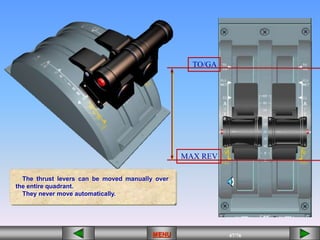 47/43
MENU 47/33
MENU 47/99
MENU 47/76
MENU
The thrust levers can be moved manually over
the entire quadrant.
They never move automatically.
TO/GA
MAX REV
MENU
 