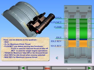 52/43
MENU 52/33
MENU 52/99
MENU 52/76
MENU
There are six detents on the quadrant :
- IDLE
- CL for Maximum Climb Thrust
- FLEX/MCT one detent serving two functions:
.FLEX is used for reduced thrust at take off
.MCT is used for single engine operations.
- TO/GA for Maximum Take Off or Go Around thrust
- IDLE REV for idle thrust when reverse selected
- MAX REV for Maximum reverse thrust
CLIMB
FLEX/MCT
TO/GA
MAX REV
IDLE
IDLE REV
MENU
 