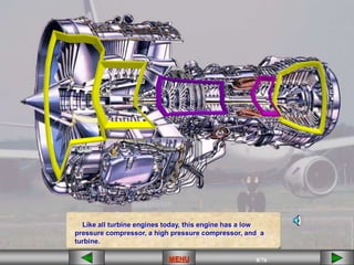 8/43
MENU 8/33
MENU 8/99
MENU 8/76
MENU
Like all turbine engines today, this engine has a low
pressure compressor, a high pressure compressor, and a
turbine.
MENU
 