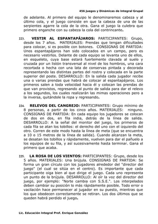 456 Juegos y Dinámicas de Integral Grupal
de adelante. Al primero del equipo le denominaremos cabeza y al
último cola, y el juego consiste en que la cabeza de una de las
serpientes agarre la cola de la otra. Gana el juego la culebra que
primero enganche con su cabeza la cola del contrincante.
223. VESTIR AL ESPANTAPÁJAROS: PARTICIPANTES: Grupo,
desde los 7 años. MATERIALES: Prendas que tengan dificultades
para colocar, si es posible con botones. CONSIGNAS DE PARTIDA:
Unos espantapájaros han sido colocados en un campo, pero es
necesario vestirlos. Delante de cada equipo se levanta uno de ellos,
en esqueleto, cuya base estará fuertemente clavada al suelo y
cruzada por un listón transversal al nivel de los hombros, una cara
recortada o hecha con una lata de conservas pintada y decorada
representando las distintas partes del rostro y colocada en la parte
superior del poste. DESARROLLO: En la salida cada jugador recibe
una o varias prendas que habrá de colocar al espantapájaros. Los
primeros salen a toda velocidad hacia él y colocan las prendas de
que van provistos, regresando al punto de salida para dar el relevo
a los segundos, los cuales realizarán las mimas operaciones pero a
la inversa, quitándole la ropa y regresando.
224. RELEVOS DEL CANGREJO: PARTICIPANTES: Grupo mínimo de
8 personas, a partir de los cinco años. MATERIALES: ninguno.
CONSIGNAS DE PARTIDA: En cada equipo los jugadores se colocan
de dos en dos, en fila india, detrás de la línea de salida.
DESARROLLO: A la señal del monitor del juego, los primeros de
cada fila se atan los tobillos: el derecho del uno con el izquierdo del
otro. Corren de este modo hasta la línea de meta (que se encuentra
a 10 o 15 metros de la línea de salida). Cuando alcanzan la meta,
se desatan los tobillos y rápidamente, vuelven para dar el pañuelo a
los equipos de su fila, y así sucesivamente hasta terminar. Gana el
primero que acaba.
225. LA ROSA DE LOS VIENTOS: PARTICIPANTES: Grupo, desde los
5 años. MATERIALES: Una brújula. CONSIGNAS DE PARTIDA: Se
forma un gran círculo con los jugadores alrededor del "director del
juego" (el cual se sitúa en el centro). Es importante que cada
participante oiga bien al que dirige el juego. Cada uno representa
un punto de la brújula. DESARROLLO: Al oír la voz del director del
juego, por ejemplo: "Norte cambia con S.S.E.". Los interpelados
deben cambiar su posición lo más rápidamente posible. Todo error o
vacilación hace permanecer al jugador en su puesto, mientras que
los que obedecen correctamente se retiran. Los dos últimos que se
queden habrá perdido el juego.
Lic. Educación Integral Prof. Enrique González
 