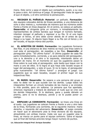 456 Juegos y Dinámicas de Integral Grupal
mano. Este corre y pasa el objeto aun compañero, quien, a su vez,
lo pasa a otro. Así continua el juego. El perseguidor trata de agarrar
al que el objeto, y el otro comienza la persecución.
361. RECOGER EL PAÑUELO: Material: un pañuelo. Formación:
dos equipos colocados detrás de líneas paralelas, a una distancia de
ocho a diez metros y, numerados de manera que los números estén
frente a frente en línea diagonal. En el centro, se coloca un pañuelo.
Desarrollo: el dirigente grita un número, e inmediatamente los
representantes de ambos bandos que tengan el número llamado,
intentan recoger el pañuelo y regresar a su fila. Si el uno logra
recoger el lienzo, el otro debe correr detrás de el antes de que
llegue a su lugar. Si alguno logra llegar a su fila con el lienzo y sin
ser tocado, el equipo marca dos puntos.
362. EL APRETÓN DE MANO: Formación: los jugadores formaron
dos filas. A una distancia de diez metros se traza una línea sobre la
cual esta el perseguidor, de espaldas a las filas. Desarrollo: el
perseguidor grita: "¡El ultimo fuera!". El último jugador de cada fila
parte inmediatamente, corriendo, y se para delante del perseguidor,
uno a la derecha y el otro a la izquierda, intentando darse un
apretón de mano. En el momento en que los jugadores pasan la
línea sobre la cual esta el perseguidor, este basta que toque con la
mano a uno de ellos. Si lo logra el que haya sido tocado ocupa el
lugar del perseguidor, y este el suyo. Si no lo logra, el perseguidor
grita nuevamente: "¡el último fuera!" y prosigue el juego. Los
jugadores que so sean tocados, ocupan el primer lugar en sus
respectivas filas.
363. EL NUDO: Desarrollo: Se separa a una persona del grupo y
esta no debe ver lo que sucede con los demás. Luego todos los
integrantes forman un círculo tomados de las manos y se enredan
lo más posible, pero sin soltarse. La persona que fue apartada,
entonces regresará y tratará de deshacer el nudo que se creo con
los demás integrantes. Si lo deshace, gana y puede dársele un
premio, pero si no lo deshace, pierde y se le puede poner un
castigo.
364. EMPUJAR LA CORRIENTE: Formación: se traza una línea en
el suelo. Los jugadores se colocan frente a frente a uno y otro lado
de la línea, formando una corriente, de la siguiente manera: mano
derecha, e izquierda del adversario. Desarrollo: el juego consiste
en hacer que el adversario pise la línea divisora de los equipos,
atrayéndolo con ambas manos. Cada vez que un jugador pisa la
línea, se marca un punto para el equipo contrario. Gana el equipo
que al final del tiempo previsto tenga mayor numero de puntos.
Lic. Educación Integral Prof. Enrique González
 