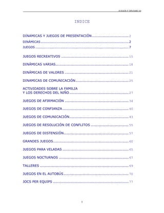 JUEGOS Y DINÁMICAS
1
INDICE
DINAMICAS Y JUEGOS DE PRESENTACIÓN............................... 2
DINÁMICAS .................................................................................. 2
JUEGOS ....................................................................................... 7
JUEGOS RECREATIVOS ......................................................... 15
DINÁMICAS VARIAS.............................................................. 18
DINÁMICAS DE VALORES ...................................................... 21
DINAMICAS DE COMUNICACIÓN............................................. 25
ACTIVIDADES SOBRE LA FAMILIA
Y LOS DERECHOS DEL NIÑO .................................................. 27
JUEGOS DE AFIRMACIÓN ...................................................... 34
JUEGOS DE CONFIANZA ........................................................ 40
JUEGOS DE COMUNICACIÓN.................................................. 43
JUEGOS DE RESOLUCIÓN DE CONFLITOS ................................ 55
JUEGOS DE DISTENSIÓN....................................................... 57
GRANDES JUEGOS................................................................ 60
JUEGOS PARA VELADAS ........................................................ 65
JUEGOS NOCTURNOS ........................................................... 67
TALLERES ........................................................................... 69
JUEGOS EN EL AUTOBÚS....................................................... 70
JOCS PER EQUIPS ................................................................ 77
 