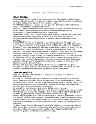 JUEGOS Y DINÁMICAS
43
Juegos de comunicaciOn
GRAN FIESTA
Esta actividad deberá realizarse en un espacio amplio. Se necesitarán sillas, una por
persona .Además también se emplearán cartulinas o papel contínuo, diferentes lápices
de colores (rotuladores, lápices de madera, ceras ,etc.).
DEFINICIÓN: Trabajar por grupos una idea que debe de ser plasmada mediante el
dibujo. Terminando en una puesta en común.
OBJETIVO: Potenciar la relación entre los miembros del grupo. Promover el trabajo en
grupo. Respeto hacia el trabajo de los demás. Desarrollar la capacidad de
representación. Desarrollar la creatividad e imaginación.
CONSIGNAS DE PARTIDA: El grupo deberá saber antes de comenzar la actividad, que
deberán respetar el turno a la hora de hablar, a la misma vez que todos los
componentes del grupo deberán aportar su opinión ,es decir, todos deberán de
participar.
DESARROLLO: Se hará un circulo entre todos los componentes del grupo y se
empezará con una historia. Esta historia tratará de ponerles en situación, contándoles
que vivimos en un reino, en el que el rey quiere realizar una fiesta por la entrada de la
primavera; pero como este rey ya ha hecho muchas fiestas no tiene ni remota idea de
como realizarla. Por lo que ha pedido a su pueblo que le entreguen ideas para
realizarla. Esto deberá presentarse antes de la fecha de la fiesta ,así el rey realizará la
fiesta que mas le guste. Con todo el mundo y una vez explicada la situación, se
realizarán pequeños grupos de cinco personas aproximadamente. Los grupos se harán
atribuyendo a cada persona una palabra, estas serán: ancianos del pueblo, hombres,
mujeres, niños y animales. Los ancianos formarán un grupo y así todos. Cada grupo
deberá intentar plasmar en el papel grupal, teniendo en cuenta el papel que le ha
tocado representar dentro del reino.
EVALUACIÓN: El/la responsable de la actividad irá observando como los grupos
trabajan, si la gente participa, los comentarios realizados entre los niños y las niñas,
viendo las diferentes intervenciones, quienes son los que intervienen.
INTERFERENCIAS
OBJETIVO:Valorar las dificultades de la comunicación si no se hace en unas
condiciones adecuadas.
DESARROLLO:Se redactarán, antes de empezar la dinámica por parte del educador,
cuatro frases que luego tendrán que ser trasmitidas por los participantes en la técnica.
Se forman cuatro grupos y de cada grupo hay uno/a que emite el mensaje, otro/a que
lo recoge escribiéndolo, otro/a que hará de repetidor del mensaje y otros/as harán
interferencias a la comunicación de otros equipos.
En una sala los cuatro equipos se disponen de la siguiente manera:
El emisor subido en una silla y de frente a una distancia relativamente corta el receptor
también subido/a en una silla. A mitad de camino entre ambos está el repetidor que
intentará ayudar a los dos anteriores en la transmisión del mensaje.
El resto de participantes que harán de interferencia se colocarán en fila entre el emisor
y el receptor de los equipos contrarios, manteniéndose en el medio el repetidor que no
pueden moverse de su sitio. Las interferencias se harán dando voces y moviendo las
manos de tal forma que eviten que el equipo contrario transmita el mensaje de forma
adecuada.
Se da un tiempo determinado para que transmitan cada uno el mensaje asignado que
debe tener más o menos la misma dificultad y luego se leen los mensajes para ver si
se ha transmitido adecuadamente. Se establecerá un pequeño debate sobre las
dificultades que han tenido al transmitir los mensajes.
 