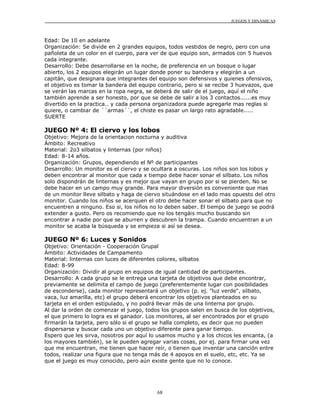 JUEGOS Y DINÁMICAS
68
Edad: De 10 en adelante
Organización: Se divide en 2 grandes equipos, todos vestidos de negro, pero con una
pañoleta de un color en el cuerpo, para ver de que equipo son, armados con 5 huevos
cada integrante.
Desarrollo: Debe desarrollarse en la noche, de preferencia en un bosque o lugar
abierto, los 2 equipos elegirán un lugar donde poner su bandera y elegirán a un
capitán, que designara que integrantes del equipo son defensivos y quienes ofensivos,
el objetivo es tomar la bandera del equipo contrario, pero si se recibe 3 huevazos, que
se verán las marcas en la ropa negra, se deberá de salir de el juego, aquí el niño
también aprende a ser honesto, por que se debe de salir a los 3 contactos......es muy
divertido en la practica.. y cada persona organizadora puede agregarle mas reglas si
quiere, o cambiar de ´´armas´´, el chiste es pasar un largo rato agradable.....
SUERTE
JUEGO Nº 4: El ciervo y los lobos
Objetivo: Mejora de la orientacion nocturna y auditiva
Ámbito: Recreativo
Material: 2o3 silbatos y linternas (por niños)
Edad: 8-14 años.
Organización: Grupos, dependiendo el Nº de participantes
Desarrollo: Un monitor es el ciervo y se ocultara a oscuras. Los niños son los lobos y
deben encontrar al monitor que cada x tiempo debe hacer sonar el silbato. Los niños
solo dispondrán de linternas y es mejor que vayan en grupo por si se pierden. No se
debe hacer en un campo muy grande. Para mayor diversión es conveniente que mas
de un monitor lleve silbato y haga de ciervo situándose en el lado mas opuesto del otro
monitor. Cuando los niños se acerquen el otro debe hacer sonar el silbato para que no
encuentren a ninguno. Eso si, los niños no lo deben saber. El tiempo de juego se podrá
extender a gusto. Pero os recomiendo que no los tengáis mucho buscando sin
encontrar a nadie por que se aburren y descubren la trampa. Cuando encuentran a un
monitor se acaba la búsqueda y se empieza si así se desea.
JUEGO Nº 6: Luces y Sonidos
Objetivo: Orientación - Cooperación Grupal
Ámbito: Actividades de Campamento
Material: linternas con luces de diferentes colores, silbatos
Edad: 8-99
Organización: Dividir al grupo en equipos de igual cantidad de participantes.
Desarrollo: A cada grupo se le entrega una tarjeta de objetivos que debe encontrar,
previamente se delimita el campo de juego (preferentemente lugar con posibilidades
de esconderse), cada monitor representará un objetivo (p. ej. "luz verde", silbato,
vaca, luz amarilla, etc) el grupo deberá encontrar los objetivos planteados en su
tarjeta en el orden estipulado, y no podrá llevar más de una linterna por grupo.
Al dar la orden de comenzar el juego, todos los grupos salen en busca de los objetivos,
el que primero lo logra es el ganador. Los monitores, al ser encontrados por el grupo
firmarán la tarjeta, pero sólo si el grupo se halla completo, es decir que no pueden
dispersarse y buscar cada uno un objetivo diferente para ganar tiempo.
Espero que les sirva, nosotros por aquí lo usamos mucho y a los chicos les encanta, (a
los mayores también), se le pueden agregar varias cosas, por ej. para firmar una vez
que me encuentran, me tienen que hacer reír, o tienen que inventar una canción entre
todos, realizar una figura que no tenga más de 4 apoyos en el suelo, etc, etc. Ya se
que el juego es muy conocido, pero aún existe gente que no lo conoce.
 