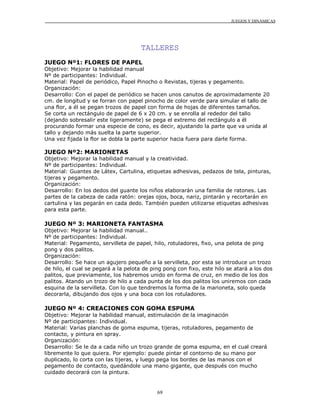JUEGOS Y DINÁMICAS
69
TALLERES
JUEGO Nº1: FLORES DE PAPEL
Objetivo: Mejorar la habilidad manual
Nº de participantes: Individual.
Material: Papel de periódico, Papel Pinocho o Revistas, tijeras y pegamento.
Organización:
Desarrollo: Con el papel de periódico se hacen unos canutos de aproximadamente 20
cm. de longitud y se forran con papel pinocho de color verde para simular el tallo de
una flor, a él se pegan trozos de papel con forma de hojas de diferentes tamaños.
Se corta un rectángulo de papel de 6 x 20 cm. y se enrolla al rededor del tallo
(dejando sobresalir este ligeramente) se pega el extremo del rectángulo a él
procurando formar una especie de cono, es decir, ajustando la parte que va unida al
tallo y dejando más suelta la parte superior.
Una vez fijada la flor se dobla la parte superior hacia fuera para darle forma.
JUEGO Nº2: MARIONETAS
Objetivo: Mejorar la habilidad manual y la creatividad.
Nº de participantes: Individual.
Material: Guantes de Látex, Cartulina, etiquetas adhesivas, pedazos de tela, pinturas,
tijeras y pegamento.
Organización:
Desarrollo: En los dedos del guante los niños elaborarán una familia de ratones. Las
partes de la cabeza de cada ratón: orejas ojos, boca, nariz, pintarán y recortarán en
cartulina y las pegarán en cada dedo. También pueden utilizarse etiquetas adhesivas
para esta parte.
JUEGO Nº 3: MARIONETA FANTASMA
Objetivo: Mejorar la habilidad manual..
Nº de participantes: Individual.
Material: Pegamento, servilleta de papel, hilo, rotuladores, fixo, una pelota de ping
pong y dos palitos.
Organización:
Desarrollo: Se hace un agujero pequeño a la servilleta, por esta se introduce un trozo
de hilo, el cual se pegará a la pelota de ping pong con fixo, este hilo se atará a los dos
palitos, que previamente, los habremos unido en forma de cruz, en medio de los dos
palitos. Atando un trozo de hilo a cada punta de los dos palitos los uniremos con cada
esquina de la servilleta. Con lo que tendremos la forma de la marioneta, solo queda
decorarla, dibujando dos ojos y una boca con los rotuladores.
JUEGO Nº 4: CREACIONES CON GOMA ESPUMA
Objetivo: Mejorar la habilidad manual, estimulación de la imaginación
Nº de participantes: Individual.
Material: Varias planchas de goma espuma, tijeras, rotuladores, pegamento de
contacto, y pintura en spray.
Organización:
Desarrollo: Se le da a cada niño un trozo grande de goma espuma, en el cual creará
libremente lo que quiera. Por ejemplo: puede pintar el contorno de su mano por
duplicado, lo corta con las tijeras, y luego pega los bordes de las manos con el
pegamento de contacto, quedándole una mano gigante, que después con mucho
cuidado decorará con la pintura.
 