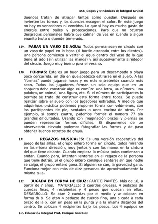 456 Juegos y Dinámicas de Integral Grupal
duendes tratan de atrapar tantos como puedan. Después se
invierten las tornas y los duendes escogen el color. En este juego
no hay no vencedores ni vencidos. Lo que sí hay es mucho gasto de
energía entre bailes y prosecuciones. Para que no ocurran
desgracias personales habrá que calmar de vez en cuando a algún
enanito bruto o duende temerario.
129. PASAR UN VASO DE AGUA: Todos permanecen en círculo con
un vaso de papel en la boca (el borde atrapado entre los dientes).
Una persona comienza a verter el agua dentro del vaso de la que
tiene al lado (sin utilizar las manos) y así sucesivamente alrededor
del círculo. Juego muy bueno para el verano.
130. FORMAS: Este es un buen juego para un descampado o playa
poco concurrida, un día en que apetezca estirarse en el suelo. A las
"formas" puede jugarse horas y es más entretenido cuando más
sean. Todos los jugadores forman un solo equipo que en un
conjunto debe construir algo en común: una letra, un número, una
palabra, un animal, una figura, etc. Si el número de participantes lo
permite se trata de construir esta forma entre todos. Se puede
realizar sobre el suelo con los jugadores estirados. A medida que
adquirimos práctica podemos proponer forma con volúmenes, con
los participantes de pie, sentados o unos encima de otros. Por
ejemplo, si somos cuatro, podemos formar el número 77 sin
grandes dificultades. Usando con imaginación brazos y piernas se
pueden representar formas difíciles. Si disponemos de un
observatorio elevado podemos fotografiar las formas y de paso
obtener buenos retratos de grupo.
131. REGAZOS MUSICALES: Es una versión cooperativa del
juego de las sillas. el grupo entero forma un círculo, todos mirando
en las misma dirección, muy juntos y con las manos en la cintura
del que tiene delante. Cuando empieza la música todos comienzan a
andar. Cuando para, intentan sentarse en el regazo de la persona
que tiene detrás. Si el grupo entero consigue sentarse sin que nadie
se caiga, el grupo entero gana. Si alguien se cae, la gravedad gana.
Funciona mejor con más de diez personas de aproximadamente la
misma talla.
132. JUGADA EN FORMA DE CRUZ: PARTICIPANTES: Más de 10, a
partir de 7 años. MATERIALES: 2 cuerdas gruesas, 4 pedazos de
cuerdas finas, 4 recipientes y 4 pesos que quepan en ellos.
DESARROLLO: Se atan 2 cuerdas por el medio y se colocan en
forma de x. Se atan 4 pedazos de cuerda fina, una a cada a cada
brazo de la x, con un peso en la punta y a la misma distancia del
centro. Se colocan 4 recipientes bajo los pesos. Los 4 equipos se
Lic. Educación Integral Prof. Enrique González
 