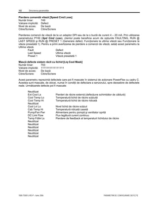 102 Descrierea parametrilor
7000-TD001J-RO-P – Iunie 2006 PARAMETRII DE CONFIGURARE DEFECTE
Pierdere comandă viteză [Speed Cmd Loss]
Număr liniar: 749
Valoare implicită: Defect
Nivel de acces: De bază
Citire/Scriere: Citire/Scriere
Pierderea comenzii de viteză de la un adaptor DPI sau de la o buclă de curent 4 – 20 mA. Prin utilizarea
parametrului P749 (Spd Cmd Loss), clientul poate beneficia acum de opţiunile FAULTING, RUN @
LAST SPEED şi RUN @ PRESET 1 (Generare defect, Funcţionare la ultima viteză sau Funcţionare la
viteza presetată 1). Pentru a primi avertizarea de pierdere a comenzii de viteză, setaţi acest parametru la
Ultima viteză.
Fault Defect
Last Speed Ultima viteză
Preset 1 Viteză presetată 1
Mască defecte sistem răcit cu lichid [Liq Cool Mask]
Număr liniar: 703
Valoare implicită: 1111111111111111
Nivel de acces: De bază
Citire/Scriere: Citire/Scriere
Acest parametru reprezintă defectele care pot fi mascate în sistemul de acţionare PowerFlex cu cadru C.
Acestea sunt mascate, de obicei, numai în condiţii de defectare a senzorului, spre deosebire de defectele
reale. Următoarele defecte pot fi mascate:
Neutilizat
Ext Cool Ls Pierderi de răcire externă (defecţiune schimbător de căldură)
Cool Temp Lo Temperatură lichid de răcire scăzută
Cool Temp Hi Temperatură lichid de răcire ridicată
Neutilizat
Cool Lvl Lo Nivel lichid de răcire scăzut
Cab Temp Hi Temperatură ridicată casetă
Pump/Fan Pwr Alimentare pentru pompă şi ventilator oprită
DC Link Flow Flux legătură curent continuu
Temp Fdbk Ls Pierdere de feedback al temperaturii lichidului de răcire
Neutilizat
Neutilizat
Neutilizat
Neutilizat
Neutilizat
Neutilizat
 