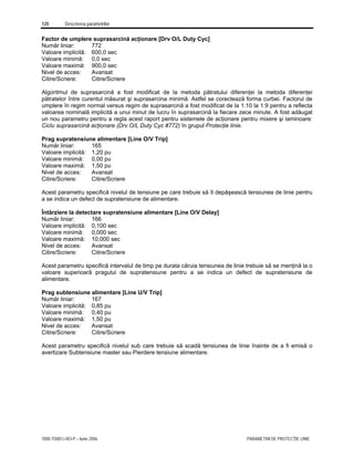 120 Descrierea parametrilor
7000-TD001J-RO-P – Iunie 2006 PARAMETRII DE PROTECŢIE LINIE
Factor de umplere suprasarcină acţionare [Drv O/L Duty Cyc]
Număr liniar: 772
Valoare implicită: 600,0 sec
Valoare minimă: 0,0 sec
Valoare maximă: 900,0 sec
Nivel de acces: Avansat
Citire/Scriere: Citire/Scriere
Algoritmul de suprasarcină a fost modificat de la metoda pătratului diferenţei la metoda diferenţei
pătratelor între curentul măsurat şi suprasarcina minimă. Astfel se corectează forma curbei. Factorul de
umplere în regim normal versus regim de suprasarcină a fost modificat de la 1:10 la 1:9 pentru a reflecta
valoarea nominală implicită a unui minut de lucru în suprasarcină la fiecare zece minute. A fost adăugat
un nou parametru pentru a regla acest raport pentru sistemele de acţionare pentru mixere şi laminoare:
Ciclu suprasarcină acţionare (Drv O/L Duty Cyc #772) în grupul Protecţie linie.
Prag supratensiune alimentare [Line O/V Trip]
Număr liniar: 165
Valoare implicită: 1,20 pu
Valoare minimă: 0,00 pu
Valoare maximă: 1,50 pu
Nivel de acces: Avansat
Citire/Scriere: Citire/Scriere
Acest parametru specifică nivelul de tensiune pe care trebuie să îl depăşească tensiunea de linie pentru
a se indica un defect de supratensiune de alimentare.
Întârziere la detectare supratensiune alimentare [Line O/V Delay]
Număr liniar: 166
Valoare implicită: 0,100 sec
Valoare minimă: 0,000 sec
Valoare maximă: 10,000 sec
Nivel de acces: Avansat
Citire/Scriere: Citire/Scriere
Acest parametru specifică intervalul de timp pe durata căruia tensiunea de linie trebuie să se menţină la o
valoare superioară pragului de supratensiune pentru a se indica un defect de supratensiune de
alimentare.
Prag subtensiune alimentare [Line U/V Trip]
Număr liniar: 167
Valoare implicită: 0,85 pu
Valoare minimă: 0,40 pu
Valoare maximă: 1,50 pu
Nivel de acces: Avansat
Citire/Scriere: Citire/Scriere
Acest parametru specifică nivelul sub care trebuie să scadă tensiunea de linie înainte de a fi emisă o
avertizare Subtensiune master sau Pierdere tensiune alimentare.
 