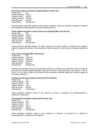 Descrierea parametrilor 123
PARAMETRII DE PROTECŢIE LINIE 7000-TD001J-RO-P – Iunie 2006
Prag minim regimuri tranzitorii magistrală [Bus Tran Min Trp]
Număr liniar: 677
Valoare implicită: 0,30 pu
Valoare minimă: 0,00 pu
Valoare maximă: 10,00 pu
Nivel de acces: Service
Citire/Scriere: Citire/Scriere
Acest parametru defineşte valoarea minimă pentru validarea funcţiei de protecţie la Regimuri tranzitorii
pe magistrală şi trebuie păstrat la valoarea implicită de 0,3 pu.
Factor regimuri tranzitorii curent continuu pe magistrală [Bus Tran Idc Fac]
Număr liniar: 678
Valoare implicită: 0,50 pu
Valoare minimă: 0,00 pu
Valoare maximă: 10,00 pu
Nivel de acces: Service
Citire/Scriere: Citire/Scriere
Acest parametru defineşte factorul de regim tranzitoriu de curent continuu în algoritmul de protecţie
împotriva regimurilor tranzitorii. Acest parametru trebuie menţinut în mod normal la valoarea implicită de
0,5.
Timp minim cuplaj liber [Min Freewheel T]
Număr liniar: 679
Valoare implicită: 0,016 sec
Valoare minimă: 0,000 sec
Valoare maximă: 1,000 sec
Nivel de acces: Service
Citire/Scriere: Citire/Scriere
Aceasta este perioada minimă pe durata căreia sistemul va funcţiona pe cuplaj liber înainte ca sistemul
de control să înceapă căutarea sfârşitului regimului tranzitoriu. Acest parametru a fost setat la 1 ciclu la
60 Hz (16 ms) care ar trebui să fie suficient pentru atenuarea majorităţii regimurilor tranzitorii legate de
comutarea capacitivă.
Avertizare temperatură radiator redresor [R HS Temp Wrn]
Număr liniar: 112
Valoare implicită: 53°C
Valoare minimă: 0°C
Valoare maximă: 100°C
Nivel de acces: Service
Citire/Scriere: Citire/Scriere
Acest parametru specifică nivelul la care sistemul va emite o avertizare de supratemperatură a
radiatorului redresorului.
Prag temperatură radiator redresor [R HS Temp Trip]
Număr liniar: 111
Valoare implicită: 55°C
Valoare minimă: 0°C
Valoare maximă: 100°C
Nivel de acces: Service
Citire/Scriere: Citire/Scriere
Acest parametru specifică nivelul la care sistemul de acţionare va decupla la un defect de
supratemperatură a radiatorului redresorului.
 