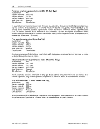 128 Descrierea parametrilor
7000-TD001J-RO-P – Iunie 2006 PARAMETRII DE PROTECŢIE MOTOR
Factor de umplere suprasarcină motor [Mtr O/L Duty Cyc]
Număr liniar: 771
Valoare implicită: 600,0 sec
Valoare minimă: 0,0 sec
Valoare maximă: 900,0 sec
Nivel de acces: Avansat
Citire/Scriere: Citire/Scriere
În cazul tuturor versiunilor anterioare ale firmware-ului, algoritmul de suprasarcină fost proiectat pentru a
suporta un minut de suprasarcină la fiecare 10 minute. Pe de altă parte, pentru mixerele Banbury şi alte
aplicaţii foarte solicitante, ciclul de suprasarcină poate fi mai mic de 10 minute. Pentru a permite acest
lucru, în această versiune a fost adăugat un nou parametru – Factor de umplere suprasarcină motor
(#771). Acest parametru specifică factorul de umplere de suprasarcină pentru sistem. Valoarea implicită
este de 600 de secunde (10 minute).
Prag supratensiune motor [Motor O/V Trip]
Număr liniar: 181
Valoare implicită: 1,20 pu
Valoare minimă: 0,00 pu
Valoare maximă: 2,00 pu
Nivel de acces: Avansat
Citire/Scriere: Citire/Scriere
Acest parametru specifică nivelul pe care trebuie să îl depăşească tensiunea la motor pentru a se indica
un defect de supratensiune la motor.
Întârziere la detectare supratensiune motor [Motor O/V Delay]
Număr liniar: 182
Valoare implicită: 0,500 sec
Valoare minimă: 0,000 sec
Valoare maximă: 10,000 sec
Nivel de acces: Avansat
Citire/Scriere: Citire/Scriere
Acest parametru specifică intervalul de timp pe durata căruia tensiunea trebuie să se menţină la o
valoare superioară pragului de supratensiune pentru a se indica un defect de supratensiune la motor.
Prag supratensiune c.c. motor [Mtr DC O/V Trip]
Număr liniar: 193
Valoare implicită: 1,50 pu
Valoare minimă: 0,00 pu
Valoare maximă: 2,00 pu
Nivel de acces: Avansat
Citire/Scriere: Citire/Scriere
Acest parametru specifică nivelul pe care trebuie să îl depăşească tensiunea legăturii de curent continuu
pe partea de motor pentru a se indica un defect de supratensiune de curent continuu.
 