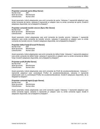 Descrierea parametrilor 143
PARAMETRII PROPRIETARI 7000-TD001J-RO-P – Iunie 2006
Proprietar comandă oprire [Stop Owner]
Număr liniar: 385
Nivel de acces: Monitorizare
Citire/Scriere: Numai citire
Acest parametru indică adaptoarele care emit comanda de oprire. Valoarea 1 reprezintă adaptorul care
emite comanda de oprire, valoarea 0 reprezintă un adaptor care nu emite comanda de oprire. Există 8
adaptoare disponibile, de la Adapter0 la Adapter7.
Proprietar comandă transfer sincron [Sync Xfer Owner]
Număr liniar: 393
Nivel de acces: Monitorizare
Citire/Scriere: Numai citire
Acest parametru indică adaptoarele care emit comanda de transfer sincron. Valoarea 1 reprezintă
adaptorul care emite comanda de transfer sincron, valoarea 0 reprezintă un adaptor care nu emite
comanda de transfer sincron. Există 8 adaptoare disponibile, de la Adapter0 la Adapter7.
Proprietar defect forţat [Forced Flt Owner]
Număr liniar: 639
Nivel de acces: Monitorizare
Citire/Scriere: Numai citire
Acest parametru indică adaptoarele care emit comanda de defect forţat. Valoarea 1 reprezintă adaptorul
care emite comanda de defect forţat, valoarea 0 reprezintă un adaptor care nu emite comanda de defect
forţat. Există 8 adaptoare disponibile, de la Adapter0 la Adapter7.
Proprietar profil [Profile Owner]
Număr liniar: 37
Nivel de acces: Monitorizare
Citire/Scriere: Numai citire
Acest parametru indică adaptoarele care emit comanda de Profil de accelerare/decelerare. Valoarea 1
reprezintă adaptorul care controlează Profilul de accelerare/decelerare, valoarea 0 reprezintă
adaptoarele care nu controlează Profilul de accelerare/decelerare. Există 8 adaptoare disponibile, de la
Adapter0 la Adapter7.
Proprietar comandă logică [Logic Owner]
Număr liniar: 94
Nivel de acces: Monitorizare
Citire/Scriere: Numai citire
Acest parametru indică adaptoarele care emit comanda Logică. Valoarea 1 reprezintă adaptorul care
emite comanda logică, valoarea 0 reprezintă un adaptor care nu emite comanda logică. Există 8
adaptoare disponibile, de la Adapter0 la Adapter7.
 