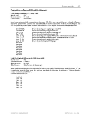 Descrierea parametrilor 157
PARAMETRII DE CONFIGURARE XIO 7000-TD001J-RO-P – Iunie 2006
Parametrii de configurare XIO (intrări/ieşiri transfer)
Erori configurare XIO [XIO Config Errs]
Număr liniar: 594
Nivel de acces: De bază
Citire/Scriere: Numai citire
Acest parametru specifică eroarea de configurare a XIO. Cifra unu reprezintă eroare indicată, cifra zero
reprezintă lipsa erorilor. Eroarea este rezultatul atribuirii aceluiaşi slot către două sau mai multe plăci XIO
sau al faptului că placa nu este instalată în slotul atribuit. Sunt afişate următoarele mesaje de eroare:
Gnral IO Cfg Eroare de configurare a plăcii generale XIO
Gnral IO Cft Eroare de conflict a plăcii generale XIO
Opt Flt Cfg Eroare de configurare a plăcii opţionale XIO
Opt Flt Cft Eroare de conflict a plăcii opţionale XIO
Liq'd IO Cfg Eroare de configurare a plăcii XIO pentru sisteme de răcire cu lichid
Liq'd IO Cft Eroare de conflict a plăcii XIO pentru sisteme de răcire cu lichid
Logx IO Cfg Eroare de configurare a plăcii XIO Logix
Logx IO Cft Eroare de conflict a plăcii XIO Logix
Neutilizat
Neutilizat
Neutilizat
Neutilizat
Neutilizat
Neutilizat
Neutilizat
Neutilizat
Intrări/ieşiri placă XIO generală [XIO General IO]
Număr liniar: 592
Valoare implicită: Card nr. 1
Nivel de acces: De bază
Citire/Scriere: Citire/Scriere când este oprit
Acest parametru specifică numărul slotului XIO pentru placa XIO de intrare/ieşire generală. Placa XIO de
intrare/ieşire generală face parte din pachetul standard al sistemului de acţionare. Valoarea tipică a
acestui parametru este Slotul 1.
Opţiunile disponibile sunt:
neatribuit
Card # 1
Card # 2
Card # 3
Card # 4
Card # 5
Card # 6
 