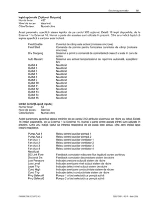 Descrierea parametrilor 161
PARAMETRII DE DATE XIO 7000-TD001J-RO-P – Iunie 2006
Ieşiri opţionale [Optional Outputs]
Număr liniar: 427
Nivel de acces: Avansat
Citire/Scriere: Numai citire
Acest parametru specifică starea ieşirilor de pe cardul XIO opţional. Există 16 ieşiri disponibile, de la
External 1 la External 16. Numai o parte din acestea sunt utilizate în prezent. Cifra unu indică faptul că
ieşirea specifică a cardului este închisă.
Field Enable Curentul de câmp este activat (motoare sincrone)
Field Start Comanda de pornire pentru furnizarea curentului de câmp (motoare
sincrone)
Drv Stopping Sistemul a primit o comandă de oprire/defect clasa 2 si este în curs de
oprire
Auto Restart Sistemul are activat temporizatorul de repornire automată, aşteptând
MV
Outbit 4 Neutilizat
Outbit 5 Neutilizat
Outbit 6 Neutilizat
Outbit 7 Neutilizat
Outbit 8 Neutilizat
Outbit 9 Neutilizat
Outbit 10 Neutilizat
Outbit 11 Neutilizat
Outbit 12 Neutilizat
Outbit 13 Neutilizat
Outbit 14 Neutilizat
Outbit 15 Neutilizat
Intrări lichid [Liquid Inputs]
Număr liniar: 52
Nivel de acces: Service
Citire/Scriere: Numai citire
Acest parametru specifică starea intrărilor de pe cardul XIO atribuite sistemului de răcire cu lichid. Există
16 intrări disponibile, de la External 1 la External 16. Numai o parte dintre aceste intrări sunt utilizate în
prezent. Cifra unu indică faptul că intrarea respectivă de pe placă este activă, cifra zero indică lipsa
intrării respective.
Pump Aux 1 Releu control auxiliar pompă 1
Pump Aux 2 Releu control auxiliar pompă 2
Fan Aux 1 Releu control auxiliar ventilator 1
Fan Aux 2 Releu control auxiliar ventilator 2
Fan Aux 3 Releu control auxiliar ventilator 3
Fan Aux 4 Releu control auxiliar ventilator 4
Neutilizat
DC Link Flow Feedback comutator măsurare flux legătură curent continuu
Disconct Sw. Feedback comutator deconectare sistem de răcire
Low Pressure Indicaţie presiune scăzută sistem de răcire
Low Level Indicaţie avertizare nivel scăzut sistem de răcire
Level Trip Indicaţie defect nivel scăzut sistem de răcire
Cond High Indicaţie avertizare conductivitate sistem de răcire
Cond Trip Indicaţie defect conductivitate sistem de răcire
Pmp Select#1 Pompa 1 a fost selectată ca pompă activă
Pmp Select#2 Pompa 2 a fost selectată ca pompă activă
 