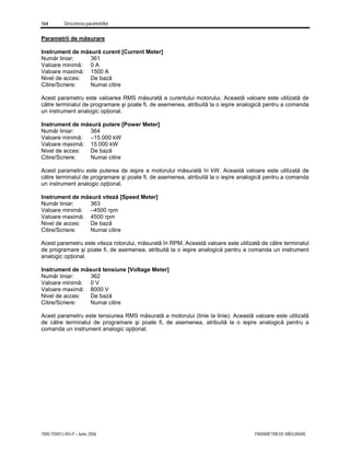 164 Descrierea parametrilor
7000-TD001J-RO-P – Iunie 2006 PARAMETRII DE MĂSURARE
Parametrii de măsurare
Instrument de măsură curent [Current Meter]
Număr liniar: 361
Valoare minimă: 0 A
Valoare maximă: 1500 A
Nivel de acces: De bază
Citire/Scriere: Numai citire
Acest parametru este valoarea RMS măsurată a curentului motorului. Această valoare este utilizată de
către terminalul de programare şi poate fi, de asemenea, atribuită la o ieşire analogică pentru a comanda
un instrument analogic opţional.
Instrument de măsură putere [Power Meter]
Număr liniar: 364
Valoare minimă: –15.000 kW
Valoare maximă: 15.000 kW
Nivel de acces: De bază
Citire/Scriere: Numai citire
Acest parametru este puterea de ieşire a motorului măsurată în kW. Această valoare este utilizată de
către terminalul de programare şi poate fi, de asemenea, atribuită la o ieşire analogică pentru a comanda
un instrument analogic opţional.
Instrument de măsură viteză [Speed Meter]
Număr liniar: 363
Valoare minimă: –4500 rpm
Valoare maximă: 4500 rpm
Nivel de acces: De bază
Citire/Scriere: Numai citire
Acest parametru este viteza rotorului, măsurată în RPM. Această valoare este utilizată de către terminalul
de programare şi poate fi, de asemenea, atribuită la o ieşire analogică pentru a comanda un instrument
analogic opţional.
Instrument de măsură tensiune [Voltage Meter]
Număr liniar: 362
Valoare minimă: 0 V
Valoare maximă: 8000 V
Nivel de acces: De bază
Citire/Scriere: Numai citire
Acest parametru este tensiunea RMS măsurată a motorului (linie la linie). Această valoare este utilizată
de către terminalul de programare şi poate fi, de asemenea, atribuită la o ieşire analogică pentru a
comanda un instrument analogic opţional.
 