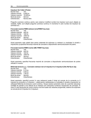 166 Descrierea parametrilor
7000-TD001J-RO-P – Iunie 2006 PARAMETRII DE MODULAŢIE ÎN DURATĂ A IMPULSURILOR
Impulsuri Idc 5 [Idc 5 Pulse]
Număr liniar: 757
Valoare minimă: 0,000 pu
Valoare maximă: 10,000 pu
Nivel de acces: Service
Citire/Scriere: Numai citire
Pragurile curentului continuu pentru care sistemul modifică numărul de impulsuri sunt acum afişate ca
variabile. Astfel, sunt afişate pragurile curentului continuu în momentul în care numărul de impulsuri se
schimbă la 5.
Frecvenţă maximă PWM redresor [LinePWM Freq max]
Număr liniar: 155
Valoare implicită: 440 Hz
Valoare minimă: 100 Hz
Valoare maximă: 1000 Hz
Nivel de acces: Service
Citire/Scriere: Citire/Scriere
Acest parametru este valabil doar pentru sistemele de acţionare cu redresor cu modulaţia în durată a
impulsurilor şi specifică frecvenţa maximă de comutare a dispozitivelor semiconductoare de putere.
Frecvenţă maximă PWM invertor [Mtr PWM Freq max]
Număr liniar: 154
Valoare implicită: 440 Hz
Valoare minimă: 100 Hz
Valoare maximă: 1000 Hz
Nivel de acces: Service
Citire/Scriere: Citire/Scriere
Acest parametru specifică frecvenţa maximă de comutare a dispozitivelor semiconductoare de putere
utilizate în invertor.
Referinţă tensiune c.c.: Comutare redresor de la 5 impulsuri la 3 impulsuri [Vdc Ref 5p to 3p]
Număr liniar: 379
Valoare implicită: 0,10 pu
Valoare minimă: 0,00 pu
Valoare maximă: 1,50 pu
Nivel de acces: Service
Citire/Scriere: Citire/Scriere
Acest parametru specifică punctul în care redresorul poate fi forţat să comute de la comanda cu 5
impulsuri la comanda cu 3 impulsuri – valabil pentru redresoarele cu modulaţia în durată a impulsurilor ce
utilizează Referinţa de tensiune curent continuu. Scopul acestui parametru este de a permite reducerea
cantităţii de pierderi şi de căldură de la redresor prin reducerea numărului impulsurilor de comutare. În
cazul în care tensiunea de curent continuu de linie scade sub valoarea programată, sistemul de acţionare
va comuta de la 5 impulsuri la 3 impulsuri.
 