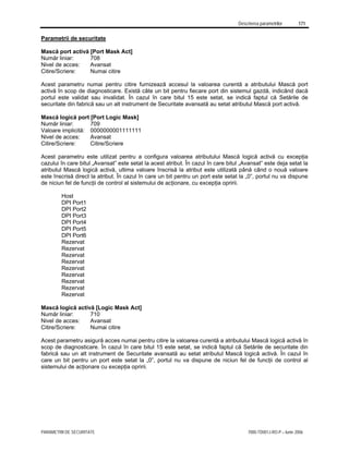 Descrierea parametrilor 171
PARAMETRII DE SECURITATE 7000-TD001J-RO-P – Iunie 2006
Parametrii de securitate
Mască port activă [Port Mask Act]
Număr liniar: 708
Nivel de acces: Avansat
Citire/Scriere: Numai citire
Acest parametru numai pentru citire furnizează accesul la valoarea curentă a atributului Mască port
activă în scop de diagnosticare. Există câte un bit pentru fiecare port din sistemul gazdă, indicând dacă
portul este validat sau invalidat. În cazul în care bitul 15 este setat, se indică faptul că Setările de
securitate din fabrică sau un alt instrument de Securitate avansată au setat atributul Mască port activă.
Mască logică port [Port Logic Mask]
Număr liniar: 709
Valoare implicită: 0000000001111111
Nivel de acces: Avansat
Citire/Scriere: Citire/Scriere
Acest parametru este utilizat pentru a configura valoarea atributului Mască logică activă cu excepţia
cazului în care bitul „Avansat” este setat la acest atribut. În cazul în care bitul „Avansat” este deja setat la
atributul Mască logică activă, ultima valoare înscrisă la atribut este utilizată până când o nouă valoare
este înscrisă direct la atribut. În cazul în care un bit pentru un port este setat la „0”, portul nu va dispune
de niciun fel de funcţii de control al sistemului de acţionare, cu excepţia opririi.
Host
DPI Port1
DPI Port2
DPI Port3
DPI Port4
DPI Port5
DPI Port6
Rezervat
Rezervat
Rezervat
Rezervat
Rezervat
Rezervat
Rezervat
Rezervat
Rezervat
Mască logică activă [Logic Mask Act]
Număr liniar: 710
Nivel de acces: Avansat
Citire/Scriere: Numai citire
Acest parametru asigură acces numai pentru citire la valoarea curentă a atributului Mască logică activă în
scop de diagnosticare. În cazul în care bitul 15 este setat, se indică faptul că Setările de securitate din
fabrică sau un alt instrument de Securitate avansată au setat atributul Mască logică activă. În cazul în
care un bit pentru un port este setat la „0”, portul nu va dispune de niciun fel de funcţii de control al
sistemului de acţionare cu excepţia opririi.
 