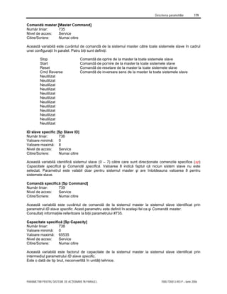 Descrierea parametrilor 179
PARAMETRII PENTRU SISTEME DE ACŢIONARE ÎN PARALEL 7000-TD001J-RO-P – Iunie 2006
Comandă master [Master Command]
Număr liniar: 735
Nivel de acces: Service
Citire/Scriere: Numai citire
Această variabilă este cuvântul de comandă de la sistemul master către toate sistemele slave în cadrul
unei configuraţii în paralel. Patru biţi sunt definiţi:
Stop Comandă de oprire de la master la toate sistemele slave
Start Comandă de pornire de la master la toate sistemele slave
Reset Comandă de resetare de la master la toate sistemele slave
Cmd Reverse Comandă de inversare sens de la master la toate sistemele slave
Neutilizat
Neutilizat
Neutilizat
Neutilizat
Neutilizat
Neutilizat
Neutilizat
Neutilizat
Neutilizat
Neutilizat
Neutilizat
Neutilizat
ID slave specific [Sp Slave ID]
Număr liniar: 736
Valoare minimă: 0
Valoare maximă: 8
Nivel de acces: Service
Citire/Scriere: Numai citire
Această variabilă identifică sistemul slave (0 – 7) către care sunt direcţionate comenzile specifice (sp)
Capacitate specifică şi Comandă specifică. Valoarea 8 indică faptul că niciun sistem slave nu este
selectat. Parametrul este valabil doar pentru sistemul master şi are întotdeauna valoarea 8 pentru
sistemele slave.
Comandă specifică [Sp Command]
Număr liniar: 739
Nivel de acces: Service
Citire/Scriere: Numai citire
Această variabilă este cuvântul de comandă de la sistemul master la sistemul slave identificat prin
parametrul ID slave specific. Acest parametru este definit în acelaşi fel ca şi Comandă master.
Consultaţi informaţiile referitoare la biţii parametrului #735.
Capacitate specifică [Sp Capacity]
Număr liniar: 738
Valoare minimă: 0
Valoare maximă: 65535
Nivel de acces: Service
Citire/Scriere: Numai citire
Această variabilă este factorul de capacitate de la sistemul master la sistemul slave identificat prin
intermediul parametrului ID slave specific.
Este o dată de tip brut, neconvertită în unităţi tehnice.
 