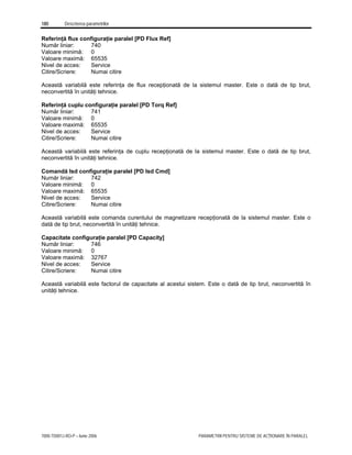 180 Descrierea parametrilor
7000-TD001J-RO-P – Iunie 2006 PARAMETRII PENTRU SISTEME DE ACŢIONARE ÎN PARALEL
Referinţă flux configuraţie paralel [PD Flux Ref]
Număr liniar: 740
Valoare minimă: 0
Valoare maximă: 65535
Nivel de acces: Service
Citire/Scriere: Numai citire
Această variabilă este referinţa de flux recepţionată de la sistemul master. Este o dată de tip brut,
neconvertită în unităţi tehnice.
Referinţă cuplu configuraţie paralel [PD Torq Ref]
Număr liniar: 741
Valoare minimă: 0
Valoare maximă: 65535
Nivel de acces: Service
Citire/Scriere: Numai citire
Această variabilă este referinţa de cuplu recepţionată de la sistemul master. Este o dată de tip brut,
neconvertită în unităţi tehnice.
Comandă Isd configuraţie paralel [PD Isd Cmd]
Număr liniar: 742
Valoare minimă: 0
Valoare maximă: 65535
Nivel de acces: Service
Citire/Scriere: Numai citire
Această variabilă este comanda curentului de magnetizare recepţionată de la sistemul master. Este o
dată de tip brut, neconvertită în unităţi tehnice.
Capacitate configuraţie paralel [PD Capacity]
Număr liniar: 746
Valoare minimă: 0
Valoare maximă: 32767
Nivel de acces: Service
Citire/Scriere: Numai citire
Această variabilă este factorul de capacitate al acestui sistem. Este o dată de tip brut, neconvertită în
unităţi tehnice.
 