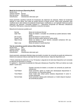 Descrierea parametrilor 21
PARAMETRII DE SELECTARE CARACTERISTICI 7000-TD001J-RO-P – Iunie 2006
Modul de funcţionare [Operating Mode]
Număr liniar: 4
Valoare implicită: Normal
Nivel de acces: Monitorizare
Citire/Scriere: Citire/Scriere când este oprit
Acest parametru specifică modurile de funcţionare ale sistemului de acţionare. Modul de funcţionare
selectat nu este salvat, fiind setat pe poziţia Normal la fiecare pornire. Dacă acest parametru este
modificat atunci când sistemul de acţionare funcţionează, modificarea nu va fi aplicată înainte de oprirea
sistemului de acţionare. Consultaţi Capitolul 5 – Descrierea funcţională din Manualul Utilizatorului
PowerFlex 7000 pentru o descriere detaliată a modurilor de testare.
Modurile de funcţionare posibile sunt:
Normal Modul de funcţionare Normal
Gate Test Modul de testare a circuitelor de comandă pe poartă (tensiune medie
oprită)
DC Current Modul de testare în curent continuu
System Test Modul de testare sistem (tensiune medie oprită)
Open Circuit Modul de testare în circuit deschis (necesită contactorul DO sau
deconectarea motorului)
Open Loop Modul de testare în buclă deschisă
Test de comandă pe poartă redresor [Rect Gating Test]
Număr liniar: 590
Valoare implicită: Inactiv
Nivel de acces: Service
Citire/Scriere: Citire/Scriere când este oprit
Acest parametru selectează diferitele etape ale testării circuitelor de comandă pe poartă ale redresorului.
Sistemul de acţionare trebuie izolat faţă de linia de medie tensiune. Opţiunile disponibile sunt:
* Pentru sistemele de acţionare cu 6 şi 18 impulsuri, asiguraţi-vă că cele două dispozitive sunt conectate
la cablurile de alimentare cu energie.
În capitolul 5 – Descrierea funcţională din Manualul Utilizatorului PowerFlex 7000 sunt oferite mai multe
detalii în acest sens.
Off Opreşte secvenţa de testare a circuitelor de comandă pe poartă ale
redresorului.
Test Pattern Acest parametru aplică un model care declanşează dispozitivele în
mod succesiv, la o frecvenţă scăzută
Time Pattern Acest model este utilizat pentru testarea dispozitivelor în serie în
puntea redresoare.
Normal Gate Acest parametru aplică punţii redresoare un model obişnuit impulsuri
de comandă pe poartă*.
 