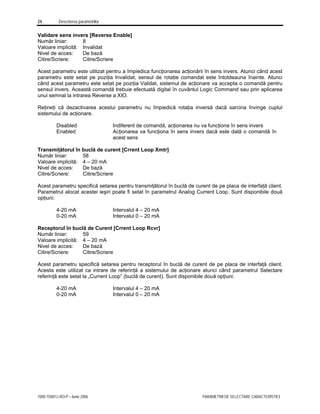 24 Descrierea parametrilor
7000-TD001J-RO-P – Iunie 2006 PARAMETRII DE SELECTARE CARACTERISTICI
Validare sens invers [Reverse Enable]
Număr liniar: 8
Valoare implicită: Invalidat
Nivel de acces: De bază
Citire/Scriere: Citire/Scriere
Acest parametru este utilizat pentru a împiedica funcţionarea acţionării în sens invers. Atunci când acest
parametru este setat pe poziţia Invalidat, sensul de rotaţie comandat este întotdeauna înainte. Atunci
când acest parametru este setat pe poziţia Validat, sistemul de acţionare va accepta o comandă pentru
sensul invers. Această comandă trebuie efectuată digital în cuvântul Logic Command sau prin aplicarea
unui semnal la intrarea Reverse a XIO.
Reţineţi că dezactivarea acestui parametru nu împiedică rotaţia inversă dacă sarcina învinge cuplul
sistemului de acţionare.
Disabled Indiferent de comandă, acţionarea nu va funcţiona în sens invers
Enabled Acţionarea va funcţiona în sens invers dacă este dată o comandă în
acest sens
Transmiţătorul în buclă de curent [Crrent Loop Xmtr]
Număr liniar: 58
Valoare implicită: 4 – 20 mA
Nivel de acces: De bază
Citire/Scriere: Citire/Scriere
Acest parametru specifică setarea pentru transmiţătorul în buclă de curent de pe placa de interfaţă client.
Parametrul alocat acestei ieşiri poate fi setat în parametrul Analog Current Loop. Sunt disponibile două
opţiuni:
4-20 mA Intervalul 4 – 20 mA
0-20 mA Intervalul 0 – 20 mA
Receptorul în buclă de Curent [Crrent Loop Rcvr]
Număr liniar: 59
Valoare implicită: 4 – 20 mA
Nivel de acces: De bază
Citire/Scriere: Citire/Scriere
Acest parametru specifică setarea pentru receptorul în buclă de curent de pe placa de interfaţă client.
Acesta este utilizat ca intrare de referinţă a sistemului de acţionare atunci când parametrul Selectare
referinţă este setat la „Current Loop” (buclă de curent). Sunt disponibile două opţiuni:
4-20 mA Intervalul 4 – 20 mA
0-20 mA Intervalul 0 – 20 mA
 