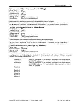 Descrierea parametrilor 37
PARAMETRII COMPONENTELOR HARDWARE ALE SISTEMULUI DE ACŢIONARE 7000-TD001J-RO-P – Iunie 2006
Tensiune nominală dispozitiv redresor [Rect Dvc Voltage]
Număr liniar: 769
Valoare implicită: 6500 V
Valoare minimă: 0 V
Valoare maximă: 10.000 V
Nivel de acces: Service
Citire/Scriere: Citire/Scriere când este oprit
Acest parametru specifică tensiunea nominală a dispozitivelor de redresare.
NOTĂ: Valoarea implicită de 6500 V nu trebuie modificată fără a consulta în prealabil producătorul.
Tensiune nominală dispozitiv invertor [Inv Dvc Voltage]
Număr liniar: 770
Valoare implicită: 6500 V
Valoare minimă: 0 V
Valoare maximă: 10.000 V
Nivel de acces: Service
Citire/Scriere: Citire/Scriere când este oprit
Acest parametru specifică tensiunea nominală a dispozitivelor invertorului.
NOTĂ: Valoarea implicită de 6500 V nu trebuie modificată fără a consulta în prealabil producătorul.
Canal feedback temperatură redresor [RTemp Fbck Chan]
Număr liniar: 198
Valoare implicită: 00000001
Nivel de acces: Service
Citire/Scriere: Citire/Scriere când este oprit
Acest parametru specifică configuraţia feedback-ului de temperatură de la redresor. Cifra unu reprezintă
un canal activat. Opţiunile disponibile sunt:
Channel A Acest bit reprezentat ca 1 validează feedback-ul de temperatură a
canalului A la redresor
Channel B Acest bit reprezentat ca 1 validează feedback-ul de temperatură a
canalului B la redresor – Nu este instalat ca dotare standard pe niciun
sistem de acţionare
Neutilizat
Neutilizat
Neutilizat
Neutilizat
Neutilizat
Neutilizat
 