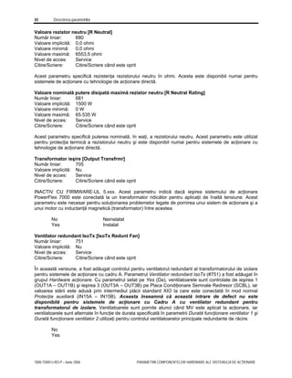 40 Descrierea parametrilor
7000-TD001J-RO-P – Iunie 2006 PARAMETRII COMPONENTELOR HARDWARE ALE SISTEMULUI DE ACŢIONARE
Valoare rezistor neutru [R Neutral]
Număr liniar: 680
Valoare implicită: 0,0 ohmi
Valoare minimă: 0,0 ohmi
Valoare maximă: 6553,5 ohmi
Nivel de acces: Service
Citire/Scriere: Citire/Scriere când este oprit
Acest parametru specifică rezistenţa rezistorului neutru în ohmi. Acesta este disponibil numai pentru
sistemele de acţionare cu tehnologie de acţionare directă.
Valoare nominală putere disipată maximă rezistor neutru [R Neutral Rating]
Număr liniar: 681
Valoare implicită: 1500 W
Valoare minimă: 0 W
Valoare maximă: 65.535 W
Nivel de acces: Service
Citire/Scriere: Citire/Scriere când este oprit
Acest parametru specifică puterea nominală, în waţi, a rezistorului neutru. Acest parametru este utilizat
pentru protecţia termică a rezistorului neutru şi este disponibil numai pentru sistemele de acţionare cu
tehnologie de acţionare directă.
Transformator ieşire [Output Transfrmr]
Număr liniar: 705
Valoare implicită: Nu
Nivel de acces: Service
Citire/Scriere: Citire/Scriere când este oprit
INACTIV CU FIRMWARE-UL 5.xxx. Acest parametru indică dacă ieşirea sistemului de acţionare
PowerFlex 7000 este conectată la un transformator ridicător pentru aplicaţii de înaltă tensiune. Acest
parametru este necesar pentru soluţionarea problemelor legate de pornirea unui sistem de acţionare şi a
unui motor cu inductanţă magnetică (transformator) între acestea.
No Neinstalat
Yes Instalat
Ventilator redundant IsoTx [IsoTx Redunt Fan]
Număr liniar: 751
Valoare implicită: Nu
Nivel de acces: Service
Citire/Scriere: Citire/Scriere când este oprit
În această versiune, a fost adăugat controlul pentru ventilatorul redundant al transformatorului de izolare
pentru sistemele de acţionare cu cadru A. Parametrul Ventilator redundant IsoTx (#751) a fost adăugat în
grupul Hardware acţionare. Cu parametrul setat pe Yes (Da), ventilatoarele sunt controlate de ieşirea 1
(OUT1A – OUT1B) şi ieşirea 3 (OUT3A – OUT3B) pe Placa Condiţionare Semnale Redresor (SCBL), iar
valoarea stării este adusă prin intermediul plăcii standard XIO la care este conectată în mod normal
Protecţia auxiliară (IN15A – IN15B). Aceasta înseamnă că această intrare de defect nu este
disponibilă pentru sistemele de acţionare cu Cadru A cu ventilator redundant pentru
transformatorul de izolare. Ventilatoarele sunt pornite atunci când MV este aplicat la acţionare, iar
ventilatoarele sunt alternate în funcţie de durata specificată în parametrii Durată funcţionare ventilator 1 şi
Durată funcţionare ventilator 2 utilizaţi pentru controlul ventilatoarelor principale redundante de răcire.
No
Yes
 