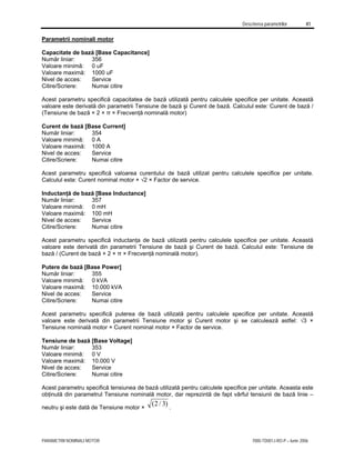 Descrierea parametrilor 41
PARAMETRII NOMINALI MOTOR 7000-TD001J-RO-P – Iunie 2006
Parametrii nominali motor
Capacitate de bază [Base Capacitance]
Număr liniar: 356
Valoare minimă: 0 uF
Valoare maximă: 1000 uF
Nivel de acces: Service
Citire/Scriere: Numai citire
Acest parametru specifică capacitatea de bază utilizată pentru calculele specifice per unitate. Această
valoare este derivată din parametrii Tensiune de bază şi Curent de bază. Calculul este: Curent de bază /
(Tensiune de bază × 2 × π × Frecvenţă nominală motor)
Curent de bază [Base Current]
Număr liniar: 354
Valoare minimă: 0 A
Valoare maximă: 1000 A
Nivel de acces: Service
Citire/Scriere: Numai citire
Acest parametru specifică valoarea curentului de bază utilizat pentru calculele specifice per unitate.
Calculul este: Curent nominal motor × √2 × Factor de service.
Inductanţă de bază [Base Inductance]
Număr liniar: 357
Valoare minimă: 0 mH
Valoare maximă: 100 mH
Nivel de acces: Service
Citire/Scriere: Numai citire
Acest parametru specifică inductanţa de bază utilizată pentru calculele specifice per unitate. Această
valoare este derivată din parametrii Tensiune de bază şi Curent de bază. Calculul este: Tensiune de
bază / (Curent de bază × 2 × π × Frecvenţă nominală motor).
Putere de bază [Base Power]
Număr liniar: 355
Valoare minimă: 0 kVA
Valoare maximă: 10.000 kVA
Nivel de acces: Service
Citire/Scriere: Numai citire
Acest parametru specifică puterea de bază utilizată pentru calculele specifice per unitate. Această
valoare este derivată din parametrii Tensiune motor şi Curent motor şi se calculează astfel: √3 ×
Tensiune nominală motor × Curent nominal motor × Factor de service.
Tensiune de bază [Base Voltage]
Număr liniar: 353
Valoare minimă: 0 V
Valoare maximă: 10.000 V
Nivel de acces: Service
Citire/Scriere: Numai citire
Acest parametru specifică tensiunea de bază utilizată pentru calculele specifice per unitate. Aceasta este
obţinută din parametrul Tensiune nominală motor, dar reprezintă de fapt vârful tensiunii de bază linie –
neutru şi este dată de Tensiune motor ×
)
3
/
2
( .
 