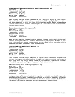 Descrierea parametrilor 45
PARAMETRII DE AUTO-REGLARE 7000-TD001J-RO-P – Iunie 2006
Constantă de timp legătură curent continuu la auto-reglare [Autotune Tdc]
Număr liniar: 218
Valoare implicită: 0,000 sec
Valoare minimă: 0,000 sec
Valoare maximă: 0,150 sec
Nivel de acces: Avansat
Citire/Scriere: Citire/Scriere
Acest parametru specifică valoarea constantei de timp a reactorului legăturii de curent continuu,
determinată în timpul reglării automate. Dacă măsurarea constantei de timp a legăturii de curent continuu
este reuşită, parametrul „T dc link” din grupul Control curent este setat la aceeaşi valoare ca acest
parametru. Dacă măsurarea constantei de timp a legăturii de curent continuu nu este reuşită, parametrul
„T dc link” nu este modificat.
Rezistenţă stator la auto-reglare [Autotune Rs]
Număr liniar: 219
Valoare implicită: 0,00 pu
Valoare minimă: 0,00 pu
Valoare maximă: 0,20 pu
Nivel de acces: Avansat
Citire/Scriere: Citire/Scriere
Acest parametru specifică valoarea rezistenţei statorului motorului, determinată în timpul reglării
automate. Dacă reglarea automată a rezistenţei statorului este reuşită, parametrul „R Stator” din grupul
Model motor este setat la aceeaşi valoare ca acest parametru. Dacă reglarea automată a rezistenţei
statorului nu este reuşită, parametrul „R Stator” nu este modificat.
Inductanţa de scăpări la auto-reglare [Autotune Ls]
Număr liniar: 220
Valoare implicită: 0,00 pu
Valoare minimă: 0,00 pu
Valoare maximă: 0,50 pu
Nivel de acces: Avansat
Citire/Scriere: Citire/Scriere
Acest parametru specifică valoarea inductanţei de scăpări la motor, determinată în timpul reglării
automate. Dacă reglarea automată a inductanţei de scăpări este reuşită, parametrul „L total leakage” din
grupul Model motor este setat la aceeaşi valoare ca acest parametru. Dacă reglarea automată a
inductanţei de fugă nu este reuşită, parametrul „L total leakage” nu este modificat.
Inductanţă de magnetizare la auto-reglare [Autotune Lm]
Număr liniar: 221
Valoare implicită: 0,00 pu
Valoare minimă: 0,00 pu
Valoare maximă: 15,00 pu
Nivel de acces: Avansat
Citire/Scriere: Citire/Scriere
Acest parametru specifică valoarea inductanţei de magnetizare a motorului, determinată în timpul reglării
automate a regulatorului de flux. Dacă măsurarea inductanţei de magnetizare este reuşită, parametrul „L
magnetizing” din grupul Model motor este setat la aceeaşi valoare ca acest parametru. Dacă măsurarea
inductanţei de magnetizare nu este reuşită, parametrul „L magnetizing” nu este modificat.
 