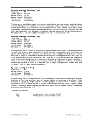 Descrierea parametrilor 61
PARAMETRII DE CONTROL VITEZĂ 7000-TD001J-RO-P – Iunie 2006
Timp total accelerare [Total Accel Time]
Număr liniar: 61
Valoare implicită: 25,0 sec
Valoare minimă: 0,0 sec
Valoare maximă: 1200,0 sec
Nivel de acces: Monitorizare
Citire/Scriere: Citire/Scriere
Acest parametru specifică durata de timp necesară sistemului de acţionare pentru a accelera la viteza
nominală. Acest parametru este folosit împreună cu parametrul Inerţie sarcină pentru a calcula automat
duratele de accelerare şi de decelerare. Orice modificări efectuate pentru duratele individuale de rampă
de accelerare vor modifica automat această valoare pentru a indica noua sumă, iar modificările efectuate
pentru acest parametru vor fi reflectate în modificările automate ale duratelor de rampă de accelerare.
Acest parametru nu este activ dacă procentajul Curbei în S are o valoare diferită de 0%.
Timp total decelerare [Total Decel Time]
Număr liniar: 62
Valoare implicită: 23,0 sec
Valoare minimă: 0,0 sec
Valoare maximă: 1200,0 sec
Nivel de acces: Monitorizare
Citire/Scriere: Citire/Scriere
Acest parametru specifică durata de timp necesară sistemului de acţionare pentru a decelera de la viteza
nominală până la oprire. Acest parametru este folosit împreună cu parametrul Inerţie sarcină pentru a
calcula automat duratele de accelerare şi de decelerare. Orice modificări efectuate pentru duratele
individuale de rampă de decelerare vor modifica automat această valoare pentru a indica noua sumă, iar
modificările efectuate pentru acest parametru vor fi reflectate în modificările automate ale duratelor de
rampă de decelerare. Dacă sistemul de acţionare atinge valoarea parametrului de scădere de viteză în
timpul unei comenzi de decelerare până la oprire, sistemul de acţionare va întrerupe alimentarea
circuitelor de comandă pe poartă şi va decelera până la oprire. Acest parametru nu este activ dacă
procentajul Curbei în S are o valoare diferită de 0%.
Tip inerţie sarcină [Inertia Type]
Număr liniar: 63
Valoare implicită: Scăzut
Nivel de acces: De bază
Citire/Scriere: Citire/Scriere
Acest parametru specifică tipul de inerţie al sarcinii. Acesta este folosit împreună cu parametrii Timp total
decelerare şi Timp total accelerare pentru a calcula duratele de accelerare şi decelerare. Printre
exemplele de aplicaţii cu inerţie scăzută se numără pompele şi echipamentele de rafinare. Printre
exemplele de sarcini cu inerţie ridicată se numără ventilatoarele şi mixerele interne cu piston (mixere
Banbury). Prin setarea acestui parametru de la scăzut la ridicat, veţi mări duratele implicite de accelerare
şi decelerare cu un factor egal cu 5.
Opţiunile disponibile sunt:
Low Aplicaţia este o sarcină cu inerţie scăzută
High Aplicaţia este o sarcină cu inerţie ridicată
 