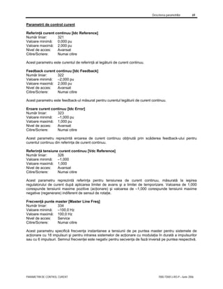Descrierea parametrilor 69
PARAMETRII DE CONTROL CURENT 7000-TD001J-RO-P – Iunie 2006
Parametrii de control curent
Referinţă curent continuu [Idc Reference]
Număr liniar: 321
Valoare minimă: 0,000 pu
Valoare maximă: 2,000 pu
Nivel de acces: Avansat
Citire/Scriere: Numai citire
Acest parametru este curentul de referinţă al legăturii de curent continuu.
Feedback curent continuu [Idc Feedback]
Număr liniar: 322
Valoare minimă: –2,000 pu
Valoare maximă: 2,000 pu
Nivel de acces: Avansat
Citire/Scriere: Numai citire
Acest parametru este feedback-ul măsurat pentru curentul legăturii de curent continuu.
Eroare curent continuu [Idc Error]
Număr liniar: 323
Valoare minimă: –1,000 pu
Valoare maximă: 1,000 pu
Nivel de acces: Avansat
Citire/Scriere: Numai citire
Acest parametru reprezintă eroarea de curent continuu obţinută prin scăderea feedback-ului pentru
curentul continuu din referinţa de curent continuu.
Referinţă tensiune curent continuu [Vdc Reference]
Număr liniar: 326
Valoare minimă: –1,000
Valoare maximă: 1,000
Nivel de acces: Avansat
Citire/Scriere: Numai citire
Acest parametru reprezintă referinţa pentru tensiunea de curent continuu, măsurată la ieşirea
regulatorului de curent după aplicarea limitei de avans şi a limitei de temporizare. Valoarea de 1,000
corespunde tensiunii maxime pozitive (acţionare) şi valoarea de –1,000 corespunde tensiunii maxime
negative (regenerare) indiferent de sensul de rotaţie.
Frecvenţă punte master [Master Line Freq]
Număr liniar: 334
Valoare minimă: –100,0 Hz
Valoare maximă: 100,0 Hz
Nivel de acces: Service
Citire/Scriere: Numai citire
Acest parametru specifică frecvenţa instantanee a tensiunii de pe puntea master pentru sistemele de
acţionare cu 18 impulsuri şi pentru intrarea sistemelor de acţionare cu modulaţia în durată a impulsurilor
sau cu 6 impulsuri. Semnul frecvenţei este negativ pentru secvenţa de fază inversă pe puntea respectivă.
 