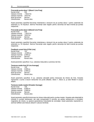 70 Descrierea parametrilor
7000-TD001J-RO-P – Iunie 2006 PARAMETRII DE CONTROL CURENT
Frecvenţă punte slave 1 [Slave1 Line Freq]
Număr liniar: 335
Valoare minimă: –100,0 Hz
Valoare maximă: 100,0 Hz
Nivel de acces: Service
Citire/Scriere: Numai citire
Acest parametru specifică frecvenţa instantanee a tensiunii de pe puntea slave 1 pentru sistemele de
acţionare cu 18 impulsuri. Semnul frecvenţei este negativ pentru secvenţa de fază inversă pe puntea
respectivă.
Frecvenţă punte slave 2 [Slave2 Line Freq]
Număr liniar: 239
Valoare minimă: –100,0 Hz
Valoare maximă: 100,0 Hz
Nivel de acces: Service
Citire/Scriere: Numai citire
Acest parametru specifică frecvenţa instantanee a tensiunii de pe puntea slave 2 pentru sistemele de
acţionare cu 18 impulsuri. Semnul frecvenţei este negativ pentru secvenţa de fază inversă pe puntea
respectivă.
Feedback curent linie [I Fbk Line]
Număr liniar: 122
Valoare minimă: –2,000 pu
Valoare maximă: 2,000 pu
Nivel de acces: Service
Citire/Scriere: Numai citire
Acest parametru specifică, în pu, valoarea măsurată a curentului de linie.
Tensiune medie linie [V Line Average]
Număr liniar: 135
Valoare minimă: 0,000 pu
Valoare maximă: 2,000 pu
Nivel de acces: Service
Citire/Scriere: Numai citire
Acest parametru specifică, în pu, valoarea calculată pentru tensiunea de intrare de linie. Aceasta
reprezintă o sumă a tuturor tensiunilor de punte (Master, Slave 1, Slave 2), şi este filtrată în scopul
afişării.
Tensiune medie master [Vmaster Average]
Număr liniar: 136
Valoare minimă: 0,000 pu
Valoare maximă: 2,000 pu
Nivel de acces: Service
Citire/Scriere: Numai citire
Acest parametru specifică tensiunea de intrare măsurată pentru puntea master. Aceasta este detectată la
intrarea în puntea redresoare, dar este compensată în amonte, pe partea redresorului a circuitelor
magnetice de intrare, cu ajutorul parametrului Inductanţă de comutaţie. Acest parametru reprezintă un
semnal nefiltrat care trebuie utilizat în calculul tendinţei.
 