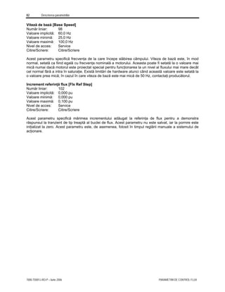 82 Descrierea parametrilor
7000-TD001J-RO-P – Iunie 2006 PARAMETRII DE CONTROL FLUX
Viteză de bază [Base Speed]
Număr liniar: 98
Valoare implicită: 60,0 Hz
Valoare minimă: 25,0 Hz
Valoare maximă: 100,0 Hz
Nivel de acces: Service
Citire/Scriere: Citire/Scriere
Acest parametru specifică frecvenţa de la care începe slăbirea câmpului. Viteza de bază este, în mod
normal, setată ca fiind egală cu frecvenţa nominală a motorului. Aceasta poate fi setată la o valoare mai
mică numai dacă motorul este proiectat special pentru funcţionarea la un nivel al fluxului mai mare decât
cel normal fără a intra în saturaţie. Există limitări de hardware atunci când această valoare este setată la
o valoare prea mică; în cazul în care viteza de bază este mai mică de 50 Hz, contactaţi producătorul.
Increment referinţă flux [Flx Ref Step]
Număr liniar: 102
Valoare implicită: 0,000 pu
Valoare minimă: 0,000 pu
Valoare maximă: 0,100 pu
Nivel de acces: Service
Citire/Scriere: Citire/Scriere
Acest parametru specifică mărimea incrementului adăugat la referinţa de flux pentru a demonstra
răspunsul la tranzient de tip treaptă al buclei de flux. Acest parametru nu este salvat, iar la pornire este
iniţializat la zero. Acest parametru este, de asemenea, folosit în timpul reglării manuale a sistemului de
acţionare.
 