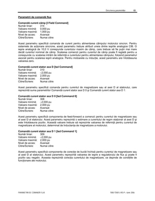 Descrierea parametrilor 83
PARAMETRII DE COMANDĂ FLUX 7000-TD001J-RO-P – Iunie 2006
Parametrii de comandă flux
Comandă curent câmp [I Field Command]
Număr liniar: 314
Valoare minimă: 0,000 pu
Valoare maximă: 1,000 pu
Nivel de acces: Avansat
Citire/Scriere: Numai citire
Acest parametru specifică comanda de curent pentru alimentarea câmpului motorului sincron. Pentru
sistemele de acţionare sincrone, acest parametru trebuie atribuit uneia dintre ieşirile analogice CIB. O
ieşire analogică de 10,0 V corespunde curentului maxim de câmp, care trebuie să fie puţin mai mare
decât curentul nominal de câmp. Scalarea comenzii pentru curentul de câmp poate fi reglată pentru a
corespunde cu scalarea intrării de referinţă a curentului pentru alimentarea câmpului, folosind parametrul
asociat pentru scalarea ieşirii analogice. Pentru motoarele cu inducţie, acest parametru are întotdeauna
valoarea zero.
Comandă curent stator axa D [Isd Command]
Număr liniar: 310
Valoare minimă: –2,000 pu
Valoare maximă: 2,000 pu
Nivel de acces: Avansat
Citire/Scriere: Numai citire
Acest parametru specifică comanda pentru curentul de magnetizare sau al axei D al statorului, care
reprezintă suma parametrilor Comandă curent stator axa D 0 şi Comandă curent stator axa D 1.
Comandă curent stator axa D 0 [Isd Command 0]
Număr liniar: 308
Valoare minimă: –2,000 pu
Valoare maximă: 2,000 pu
Nivel de acces: Avansat
Citire/Scriere: Numai citire
Acest parametru specifică componenta de feed-forward a comenzii pentru curentul de magnetizare sau
al axei D al statorului. Acest parametru reprezintă o estimare a curentului de regim staţionar al axei D şi
este întotdeauna pozitiv. Această valoare trebuie să reprezinte valoarea de referinţă pentru curentul de
magnetizare al motorului, determinat de Inductanţa de magnetizare a motorului.
Comandă curent stator axa D 1 [Isd Command 1]
Număr liniar: 309
Valoare minimă: –2,000 pu
Valoare maximă: 2,000 pu
Nivel de acces: Avansat
Citire/Scriere: Numai citire
Acest parametru specifică componenta de corecţie de buclă închisă pentru curentul de magnetizare sau
al axei D al statorului. Acest parametru reprezintă valoarea de ieşire a regulatorului de flux şi poate fi
pozitiv sau negativ. Aceasta reprezintă corecţia curentului de magnetizare, ce depinde de condiţiile de
funcţionare ale motorului.
 