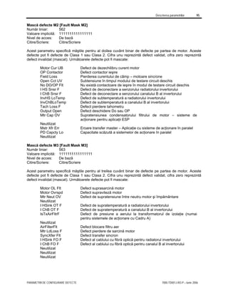 Descrierea parametrilor 95
PARAMETRII DE CONFIGURARE DEFECTE 7000-TD001J-RO-P – Iunie 2006
Mască defecte M2 [Fault Mask M2]
Număr liniar: 562
Valoare implicită: 1111111111111111
Nivel de acces: De bază
Citire/Scriere: Citire/Scriere
Acest parametru specifică măştile pentru al doilea cuvânt binar de defecte pe partea de motor. Aceste
defecte pot fi defecte de Clasa 1 sau Clasa 2. Cifra unu reprezintă defect validat, cifra zero reprezintă
defect invalidat (mascat). Următoarele defecte pot fi mascate:
Motor Cur UB Defect de dezechilibru curent motor
OP Contactor Defect contactor ieşire
Field Loss Pierderea curentului de câmp – motoare sincrone
Open Cct UV Subtensiune în timpul modului de testare circuit deschis
No DO/OP Flt Nu există contactoare de ieşire în modul de testare circuit deschis
I HS Snsr F Defect de deconectare a senzorului radiatorului invertorului
I ChB Snsr F Defect de deconectare a senzorului canalului B al invertorului
InvHS LoTemp Defect de subtemperatură a radiatorului invertorului
InvChBLoTemp Defect de subtemperatură a canalului B al invertorului
Tach Loss F Defect pierdere tahometru
Output Open Defect deschidere Do sau OP
Mtr Cap OV Supratensiunea condensatorului filtrului de motor – sisteme de
acţionare pentru aplicaţii ESP
Neutilizat
Mstr Xfr Err Eroare transfer master – Aplicaţie cu sisteme de acţionare în paralel
PD Capcty Lo Capacitate scăzută a sistemelor de acţionare în paralel
Neutilizat
Mască defecte M3 [Fault Mask M3]
Număr liniar: 563
Valoare implicită: 1111111111111111
Nivel de acces: De bază
Citire/Scriere: Citire/Scriere
Acest parametru specifică măştile pentru al treilea cuvânt binar de defecte pe partea de motor. Aceste
defecte pot fi defecte de Clasa 1 sau Clasa 2. Cifra unu reprezintă defect validat, cifra zero reprezintă
defect invalidat (mascat). Următoarele defecte pot fi mascate:
Motor OL Flt Defect suprasarcină motor
Motor Ovrspd Defect supraviteză motor
Mtr Neut OV Defect de supratensiune între neutru motor şi împământare
Neutilizat
I HSink OT F Defect de supratemperatură a radiatorului invertorului
I ChB OT F Defect de supratemperatură a canalului B al invertorului
IsTxAirFltrF Defect de presiune a aerului la transformatorul de izolaţie (numai
pentru sistemele de acţionare cu Cadru A)
Neutilizat
AirFilterFlt Defect blocare filtru aer
Mtr LdLoss F Defect pierdere de sarcină motor
SyncXfer Flt Defect transfer sincron
I HSink FO F Defect al cablului cu fibră optică pentru radiatorul invertorului
I ChB FO F Defect al cablului cu fibră optică pentru canalul B al invertorului
Neutilizat
Neutilizat
Neutilizat
 