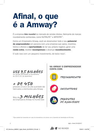 É a empresa líder mundial no mercado de vendas diretas, fabricante de marcas
mundialmente conhecidas, como NUTRILITE™
e ARTISTRY™
.
Como um Empresário Amway, você vai desenvolver todo o seu potencial
de empreendedor em parceria com uma empresa que apoia, incentiva,
treina e oferece a oportunidade de ter seu próprio negócio, gerar uma
renda extra, receber recompensas e alcançar reconhecimento.
E tudo isso com um pequeno investimento, de baixo risco*
.
Afinal, o que
é a Amway?
NO MUNDO
US$ 9,5 bilhõesem vendas declaradas no fechamento
de 2015 (31 de dezembro)
Mais de 3 MILHÕESde Empresários Amway no mundo todo
+ de 450produtos únicos e de alta qualidade são
fabricados e distribuídos pela Amway
treinamento
incentivos
produtos
de qualidade
NA AMWAY O EMPREENDEDOR
CONTA COM:
*Que poderá ser devolvido em caso de desistência, de acordo com a Garantia de Satisfação de 90 dias.
Agita + Brasil 2016|20172
AF_Brochura_AMWAY_Agita_Brasil_JULHO2016_V9.indd 2 7/28/16 4:49 PM
 