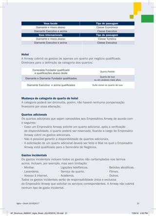 Voos locais Tipo de passagem
Diamante e níveis abaixo Classe Econômica
Diamante Executivo e acima Classe Executiva
Voos internacionais Tipo de passagem
Diamante e níveis abaixo Classe Turística
Diamante Executivo e acima Classe Executiva
Hotel
A Amway cobrirá os gastos de apenas um quarto por negócio qualificado.
Diretrizes para a definição da categoria dos quartos:
Esmeralda Fundador qualificado
e qualificações abaixo deste
Quarto Padrão
Diamante e Diamante Fundador qualificados
Quarto de luxo
ou em andares mais altos
Diamante Executivo e acima qualificados Suíte Júnior ou quarto de luxo
Mudança de categoria do quarto de hotel
A categoria poderá ser diminuída, porém, não haverá nenhuma compensação
financeira por essa alteração.
Quartos adicionais
Os quartos adicionais que sejam concedidos aos Empresários Amway de acordo com
o seguinte:
• Caso um Empresário Amway solicite um quarto adicional, após a verificação
de disponibilidade, o quarto poderá ser reservado, ficando a cargo do Empresário
Amway cobrir os gastos adicionais.
• Não é possível garantir a disponibilidade de quartos adicionais.
• A solicitação de um quarto adicional deverá ser feita à filial na qual o Empresário
Amway está qualificado para o Seminário de Negócios.
Gastos incidentais
Os gastos incidentais incluem todos os gastos não contemplados nos termos
acima. Incluem, por exemplo, mas sem limitação:
• Minibar.		 • Ligações telefônicas. 		 • Bebidas alcoólicas.
• Lavanderia.		 • Serviço de quarto.		 • Filmes.
• Acesso à internet.	 • Academia.			 • Outros.
Todos os gastos incidentais serão de responsabilidade única e exclusiva
do Empresário Amway que solicitar os serviços correspondentes. A Amway não cobrirá
nenhum tipo de gasto incidental.
Agita + Brasil 2016|2017 21
AF_Brochura_AMWAY_Agita_Brasil_JULHO2016_V9.indd 21 7/28/16 4:50 PM
 