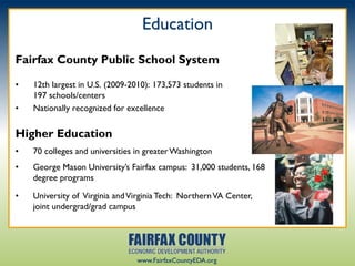 Education
Fairfax County Public School System

•   12th largest in U.S. (2009-2010): 173,573 students in
    197 schools/centers
•   Nationally recognized for excellence

Higher Education
•   70 colleges and universities in greater Washington
•   George Mason University‟s Fairfax campus: 31,000 students, 168
    degree programs

•   University of Virginia and Virginia Tech: Northern VA Center,
    joint undergrad/grad campus




                                 www.FairfaxCountyEDA.org
 