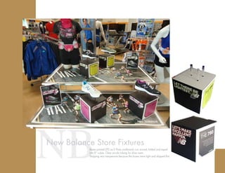 NBNew Balance Store Fixtures
Boxes printed DTS on E Flute cardboard–cut, scored, folded and taped
into 8” cubes. Clear acrylic tubing for shoe risers.
Shipping was inexpensive because the boxes were light and shipped flat.
 