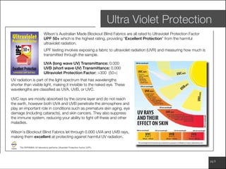 www.wilsonfabrics.com.au pg 5
Wilson’s Australian Made Blockout Blind Fabrics are all rated to Ultraviolet Protection Factor
UPF 50+ which is the highest rating, providing “Excellent Protection” from the harmful
ultraviolet radiation.
UPF testing involves exposing a fabric to ultraviolet radiation (UVR) and measuring how much is
transmitted through the sample.
UVA (long wave UV) Transmittance: 0.000
UVB (short wave UV) Transmittance: 0.000
Ultraviolet Protection Factor: >300 (50+)
UV radiation is part of the light spectrum that has wavelengths
shorter than visible light, making it invisible to the naked eye. These
wavelengths are classified as UVA, UVB, or UVC.
UVC rays are mostly absorbed by the ozone layer and do not reach
the earth, however both UVA and UVB penetrate the atmosphere and
play an important role in conditions such as premature skin aging, eye
damage (including cataracts), and skin cancers. They also suppress
the immune system, reducing your ability to fight off these and other
maladies.
Wilson’s Blockout Blind Fabrics let through 0.000 UVA and UVB rays,
making them excellent at protecting against harmful UV radiation.
The ARPANSA UV laboratory performs Ultraviolet Protection Factor (UPF).
Ultra Violet Protection
 