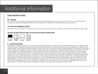 www.wilsonfabrics.com.aupg 50
Additional Information
CARE INSTRUCTIONS
6Z - BLINDS
Do not allow dust to accumulate. Regularly gently vacuum with appropriate attachment. Do not wash. Do not dry clean. Warm iron if needed. Test in
inconspicuous area with mild detergent solution prior to spot cleaning. Do not allow blind to become fully wet, use damp cloth only.
CUTTING RECOMMENDATIONS:
Wilson Blinds can be cut using any method (crush or knife cut) unless specified as Ultrasonic Cutting Only, which is noted on the relevant ranges / pages.
WILSON BLINDS ARE SUITABLE FOR APPLICATIONS AS SPECIFIED
6 - COATED DRAPERY
Coated fabrics. Dry clean or wash. For use on acrylic foam backed fabrics and flock coated fabrics of both man-made fibres and cotton. Regular care will
minimise the need for additional cleaning. Gently vacuum with appropriate attachment. Always exercise caution when spot cleaning. Test cleaning on non-
exposed surface. Avoid excessive rubbing and abrasion. Remove hooks, rings & trims before cleaning. Possible Shrinkage 3%. Dry cleaning: Use specialist
curtain dry cleaners as recognised by the Soft Furnishings Industry Association of Australia Inc. For perchloroethylene: Solvent temperature 18–20°C. No
moisture, gentle cycle, moderate loading (approx. 50% capacity) to minimise mechanical action. One bath dry cleaning procedure: 3 minutes passing
through the filter, reduced mechanical action, 2 minutes drain to tank or still, 2 minutes extract to tank or still. Two stage drying procedure: 25 minutes
drying at 55°C, then 6 minutes drying at 35°C. Deodorise 6 minutes or until curtains are cool. For white spirit or hydrocarbon: Standard cleaning practices
are appropriate. Hang curtains upon removal from machine. Do not iron/press coated side. Warm iron/press on fabric side only. Washing: Curtains are
heavy when wet. Professional wet cleaning recommended. Do not wash in domestic washing machine. Hand wash in cool to warm water (max. 40°C).
Mild detergents such as wool mixes are recommended. Do not bleach, soak, rub or wring. Drip dry in shade. Do not tumble dry. Hang curtains by their
hooks to avoid coated sides touching. Do not use pegs. Do not fold curtains over clothes lines. Do not iron/press on coated sides. Warm iron/press on
fabric side only.* For detailed code of practice for cleaning coated fabrics, dry cleaners are encouraged to contact the DIA.
 