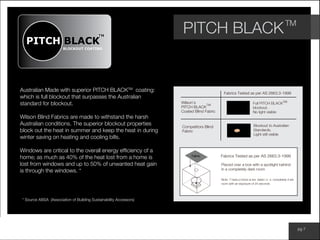 www.wilsonfabrics.com.au pg 7
PITCH BLACKTM
Australian Made with superior PITCH BLACKTM­
coating:
which is full blockout that surpasses the Australian
standard for blockout.
Wilson Blind Fabrics are made to withstand the harsh
Australian conditions. The superior blockout properties
block out the heat in summer and keep the heat in during
winter saving on heating and cooling bills.
Windows are critical to the overall energy efficiency of a
home; as much as 40% of the heat lost from a home is
lost from windows and up to 50% of unwanted heat gain
is through the windows. *
* Source ABSA (Association of Building Sustainability Accessors)
TM
BLOCKOUT COATING
PITCH BLACK
Wilson’s
PITCH BLACK
Coated Blind Fabric
TM
TM
Blockout to Australian
Standards.
Light still visible
Full PITCH BLACK
blockout.
No light visible
Competitors Blind
Fabric
Fabrics Tested as per AS 2663.3-1999
Note: T hese p hotos w ere taken i n a completely d ark
room with an exposure of 24 seconds
Fabrics Tested as per AS 2663.3-1999
Placed over a box with a spotlight behind
in a completely dark room
Fabric
 