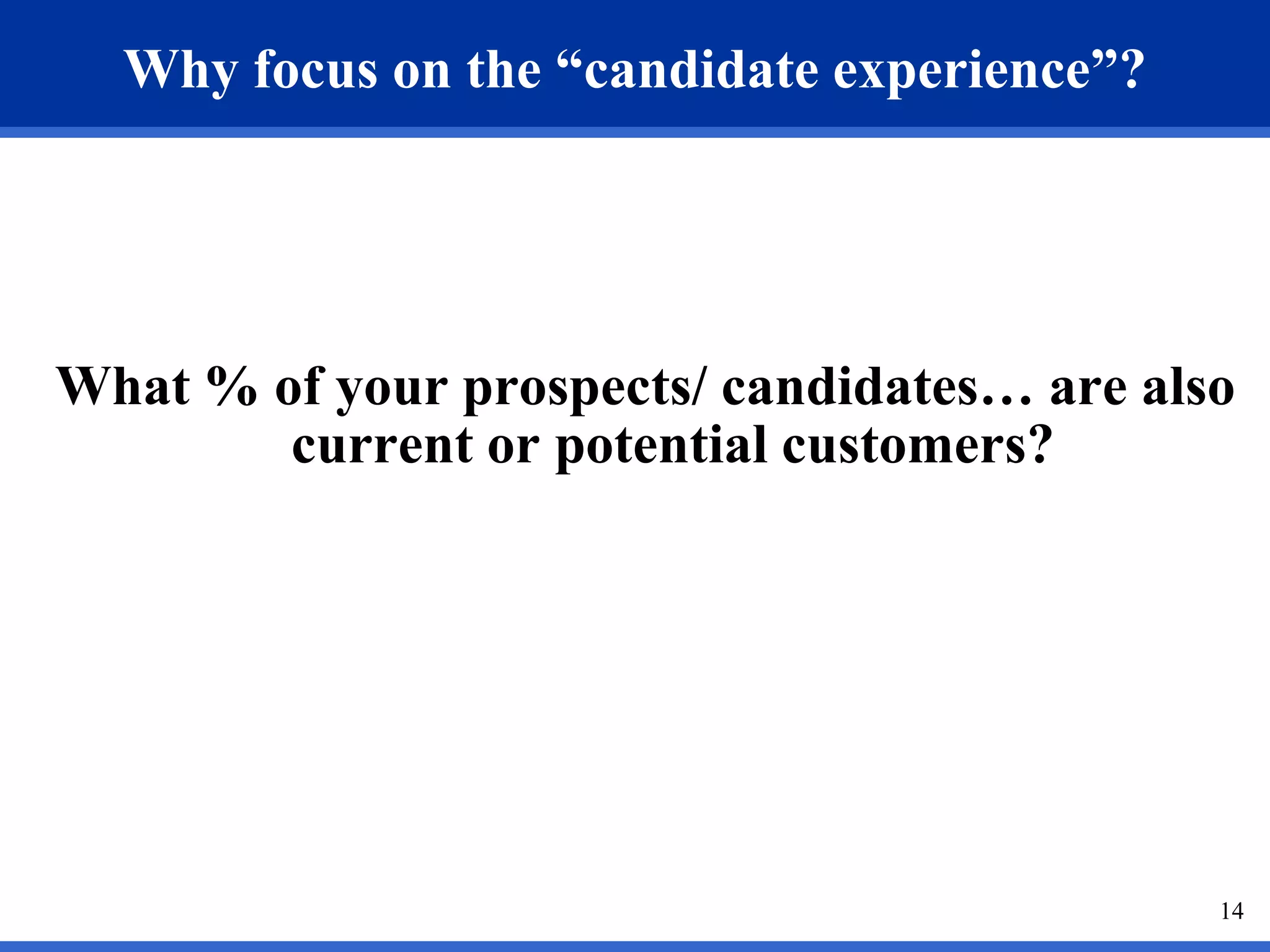 Why focus on the “candidate experience”?




What % of your prospects/ candidates… are also
        current or potential customers?




                                             14
 