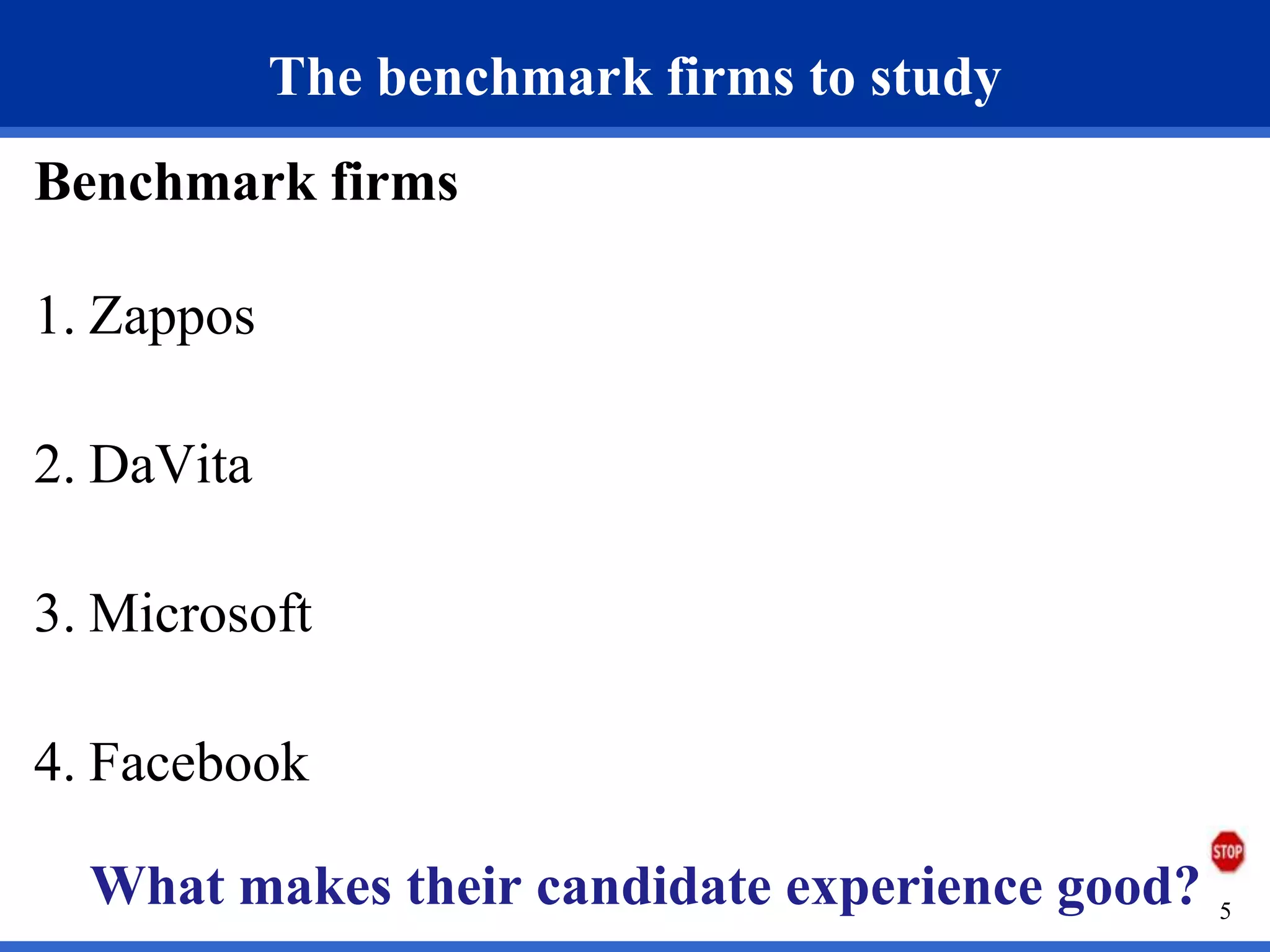 The benchmark firms to study
Benchmark firms

1. Zappos

2. DaVita

3. Microsoft

4. Facebook

  What makes their candidate experience good?   5
 