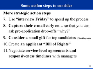 Some action steps to consider
More strategic action steps
7. Use “interview Friday” to speed up the process
8. Capture the...